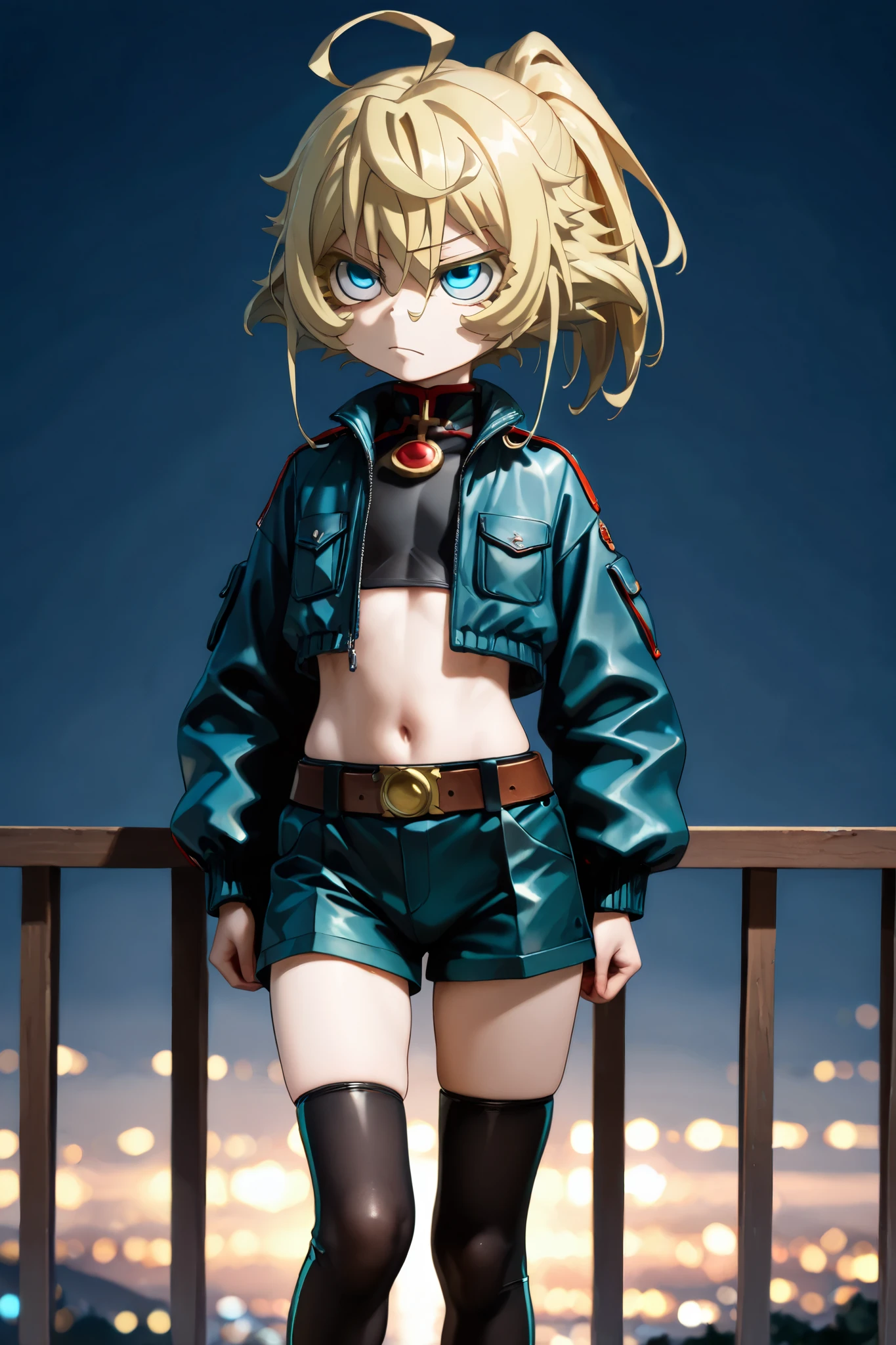 NSFW, Masterpiece, top quality, Hi-Res, very detailed, Tanya DeGrechaff, short hair、 blue eyes、 blond hair、 、 side lock、stupid hair、 ponytail、ショート ponytail, jacket, crop top shirt , shorts ,belt, knee-high socks, night entertainment district