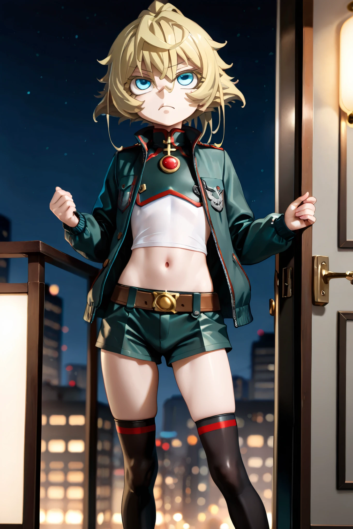 NSFW, Masterpiece, top quality, Hi-Res, very detailed, Tanya DeGrechaff, short hair、 blue eyes、 blond hair、 、 side lock、stupid hair、 ponytail、ショート ponytail, jacket, crop top shirt , shorts ,belt, knee-high socks, night entertainment district