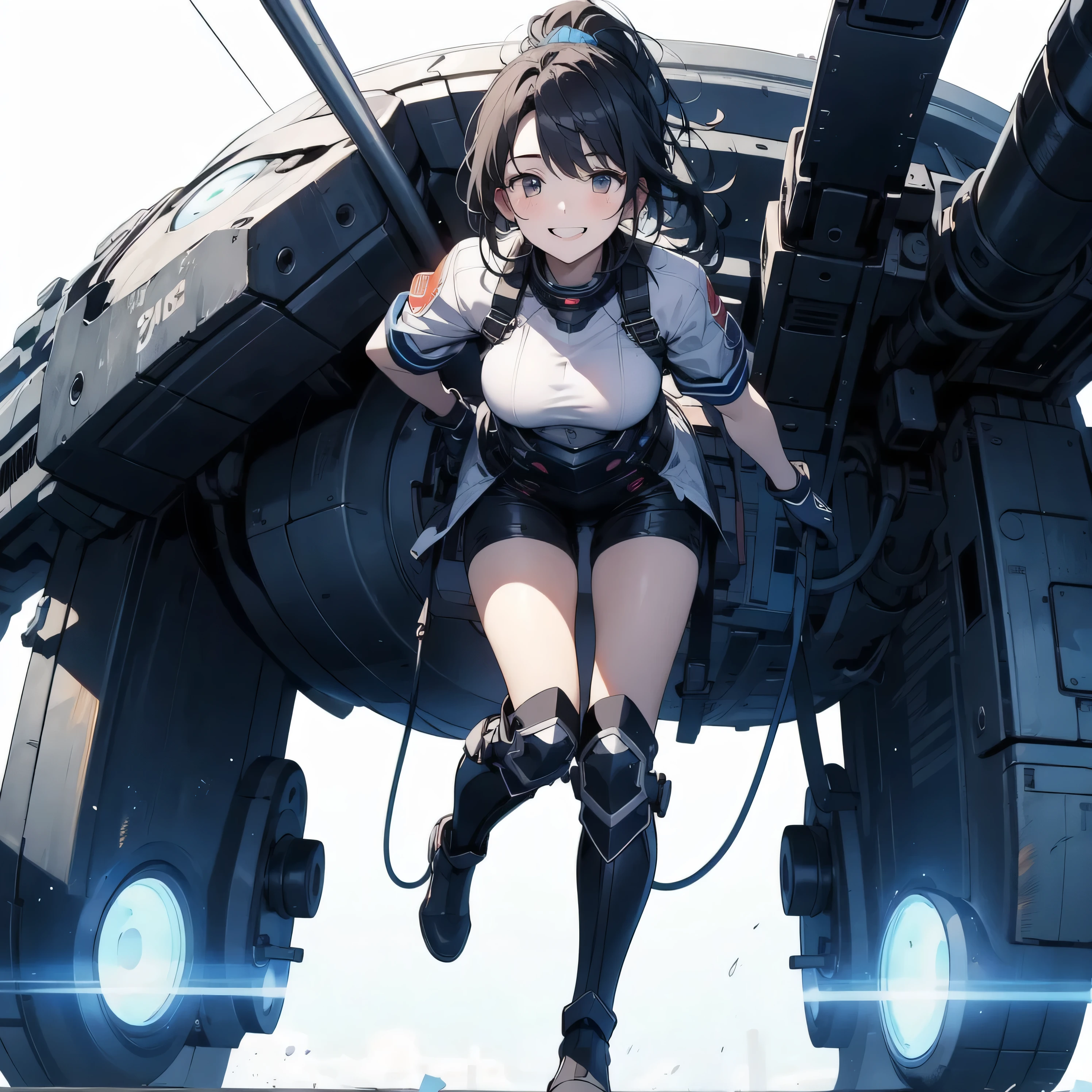 (highest quality)), ((masterpiece)), (very detailed: 1.3), 3D, {(1 girl)}, (wear navy buruma and white gym uniform with colored hem under armor:1.2), (black hair:1.5), wears a futuristic Gundam mecha,(heavy armored Gundam), with headgear, with v-fin , armored shoulders,armored under arms, armored under legs, short sleeve, multilayer textureperfect proportions, octane rendering, duotone lighting, Low ISO, wide aperture, White balance, Rule of thirds, ultra HD16k, HDR (High Dynamic Range), Ray Tracing, NVIDIA RTX, Super Resolution, Subsurface Scattering, PBR Texturing, Post Processing, Anisotropic Filtering, Depth of Field, Maximum Clarity and Clarity, High efficiency subpixel, subpixel convolution, particles of light, light scattered, Tyndall effect, full body:1.5, battle pose, cute, (cute:1.2), (long hair:1.3),太い眉毛, 薄い色の虹彩, 大きくて輝いている黒い瞳, 長いまつげ, 小さく薄い色の自然な唇, (Average face of Japanese idols), (日本人特有の童顔:1.3), (baby おでこ:1.2, ふっくらした頬, 小さな顎, attached 2 huge weapons on back, in the hangar,looking at viewer,Focus on the eyes