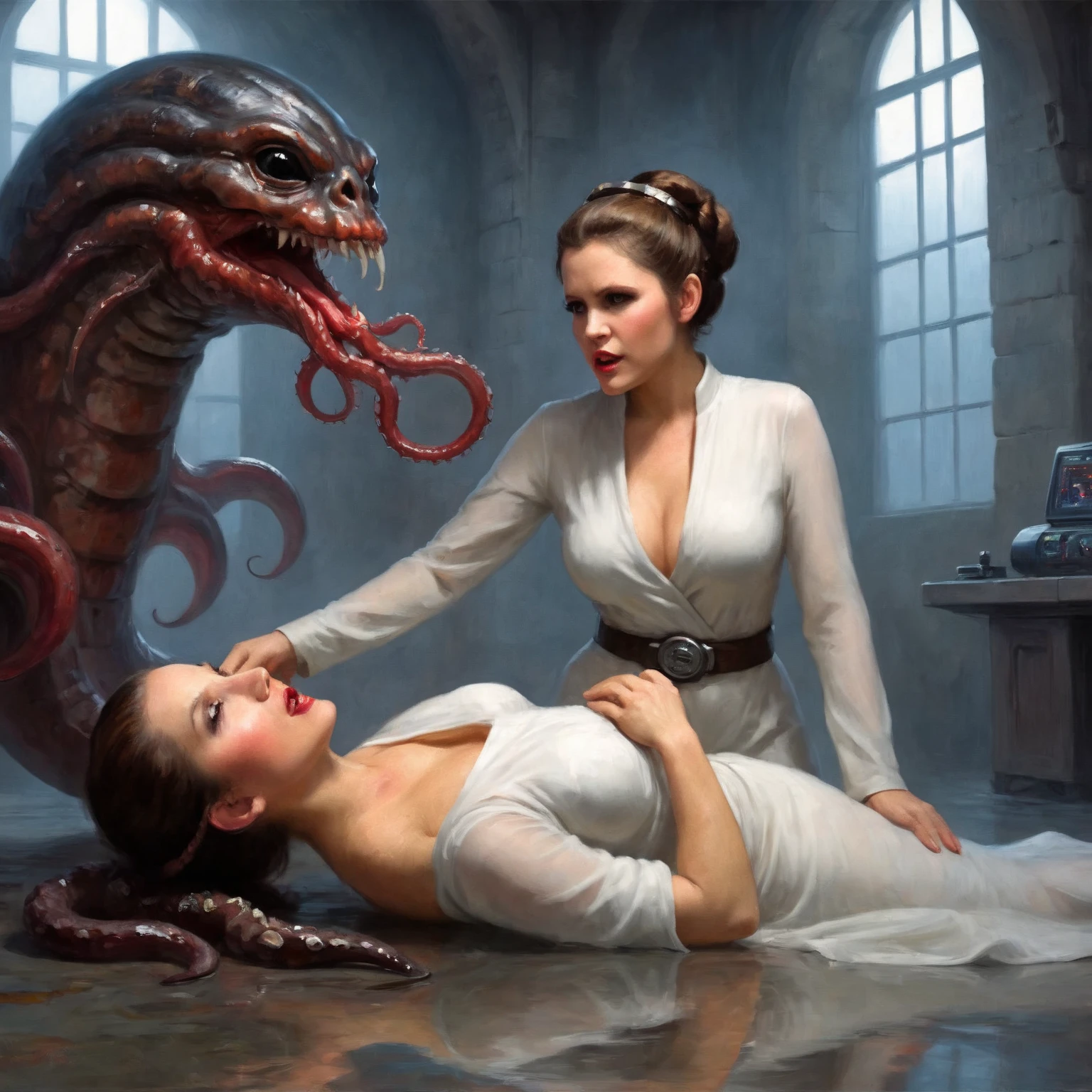 (best quality,4k,8k,highres,masterpiece:1.2),ultra-detailed,(realistic,photorealistic,photo-realistic:1.37),spider web,woman trapped in the spider web,woman struggling in the spider web,spider web covering woman's body,the intricate details of the spider web,the tension between the woman and the spider web,delicate spider silk,captivating composition,nightmarish atmosphere,dramatic lighting,haunting shadows,thick threads of the spider web,woman desperately trying to escape,entangled limbs,expressive facial expression,web-like cracks on the woman's skin,emerging from the darkness,struggle for freedom,symbol of entrapment and vulnerability,subtle glistening of the spider web threads,ominous presence of the spider lurking nearby,desperate screams echoing in the dimly lit space,ethereal and haunting artwork,graceful yet eerie,contrasting colors of the woman's skin and the spider web,meticulous attention to detail,subtle hints of fear and desperation in the woman's eyes,tightly woven pattern of the spider web capturing the woman,emotional depth and intensity,spider web cocoon wrapping around the woman,creating a sense of claustrophobia,body language conveying desperation and helplessness,strive for realism and emotional impact,emphasis on the fragility of human existence,spider web as a metaphor for life's complexities and challenges.