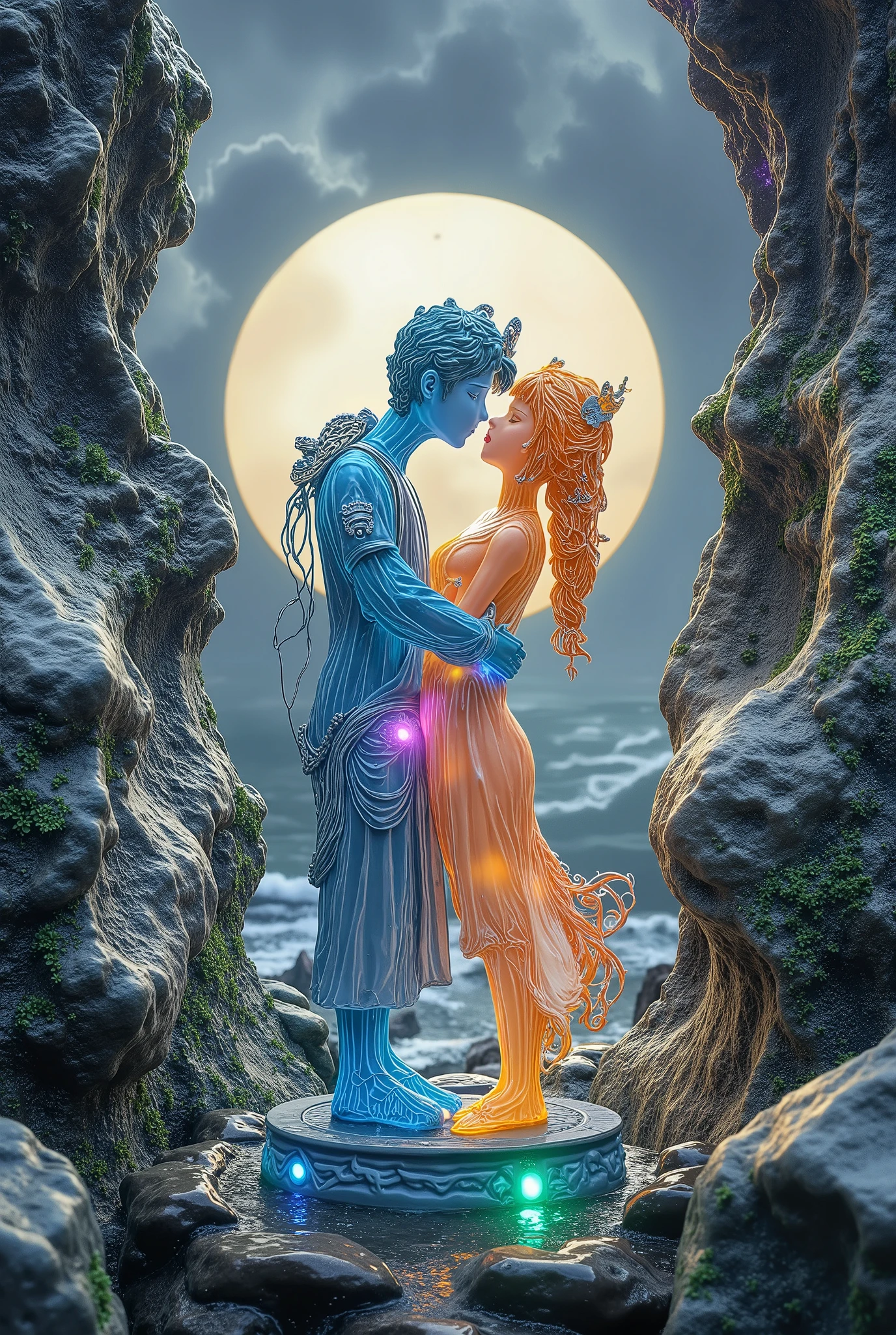 A mythical illustration of [Kissing Couple Figurine] within an Arcane Mountain-Sea Nexus, adorned with Enchanted Glyphs of Eternal Bonds. The lovers stand atop a Floating Crystal Peak, their silhouettes glowing in transcendent hues of [Sapphire Blue] and [Sunset Gold]. Below, Celestial Waves crash against jagged cliffs shaped like intertwined dragons, while Luminescent Vines (symbolizing unbreakable connection) spiral around their feet. The sky is a Dual Aurora—one half swirling with stormy grays, the other ablaze with warm light—mirroring "Love Conquers Mountains and Seas." Hyper-detailed, ethereal textures, Ukiyo-e-inspired linework with a touch of Cyberpunk neon accents.
