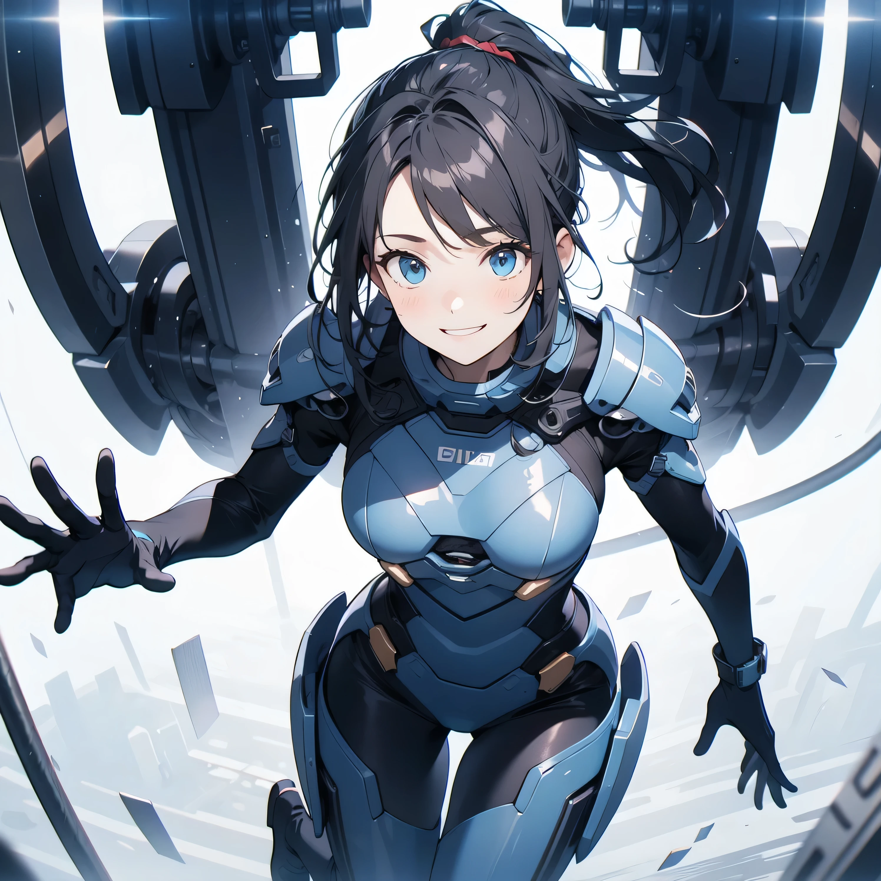 in the seat、 moderate bust、smile、 detailed expressions 、ruanyi0152 、( white background)、 ruanyi0238 、 blue glowing parts 、cable、Complex and precise instruments、Machinery Parts、 high knot ponytail、whole body、 top quality、 Masterpiece、 Hi-Res、 Dynamic Poses、 model stand、 Official Art、 Extremely elaborate CG Unity 8K Wallpaper 、Carrying a large flying unit、 long boots、Exoskeleton、 gloves up to the elbow