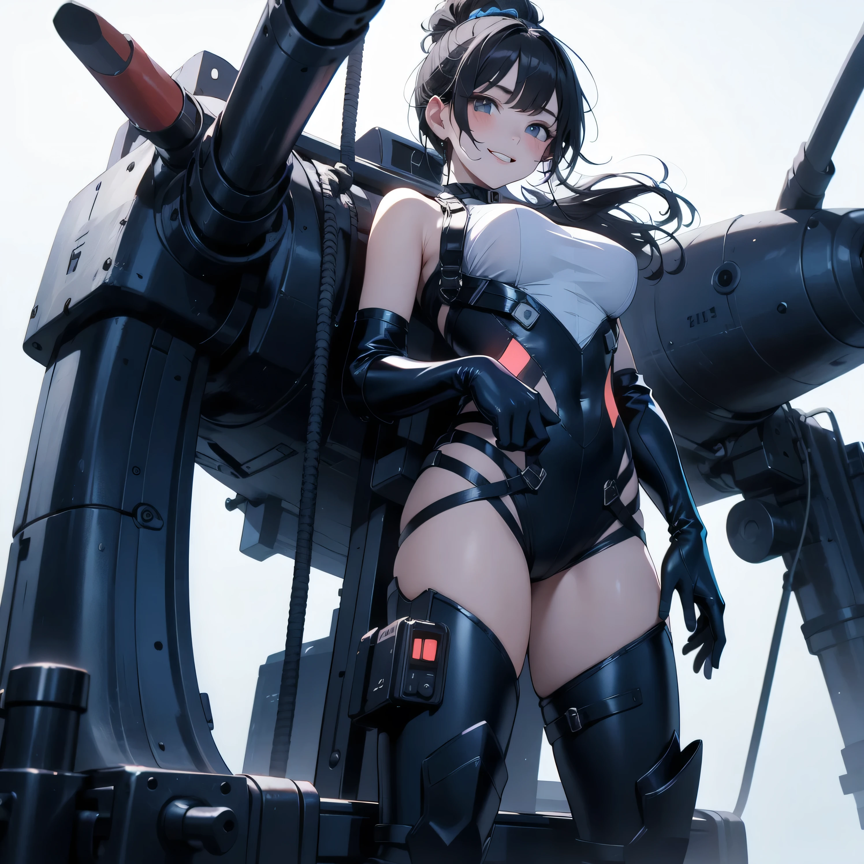 in the seat、 moderate bust、smile、 detailed expressions 、ruanyi0152 、( white background)、 ruanyi0238 、 blue glowing parts 、cable、Complex and precise instruments、Machinery Parts、 high knot ponytail、whole body、 top quality、 Masterpiece、 Hi-Res、 Dynamic Poses、 model stand、 Official Art、 Extremely elaborate CG Unity 8K Wallpaper 、Carrying a large flying unit、 long boots、Exoskeleton、 gloves up to the elbow