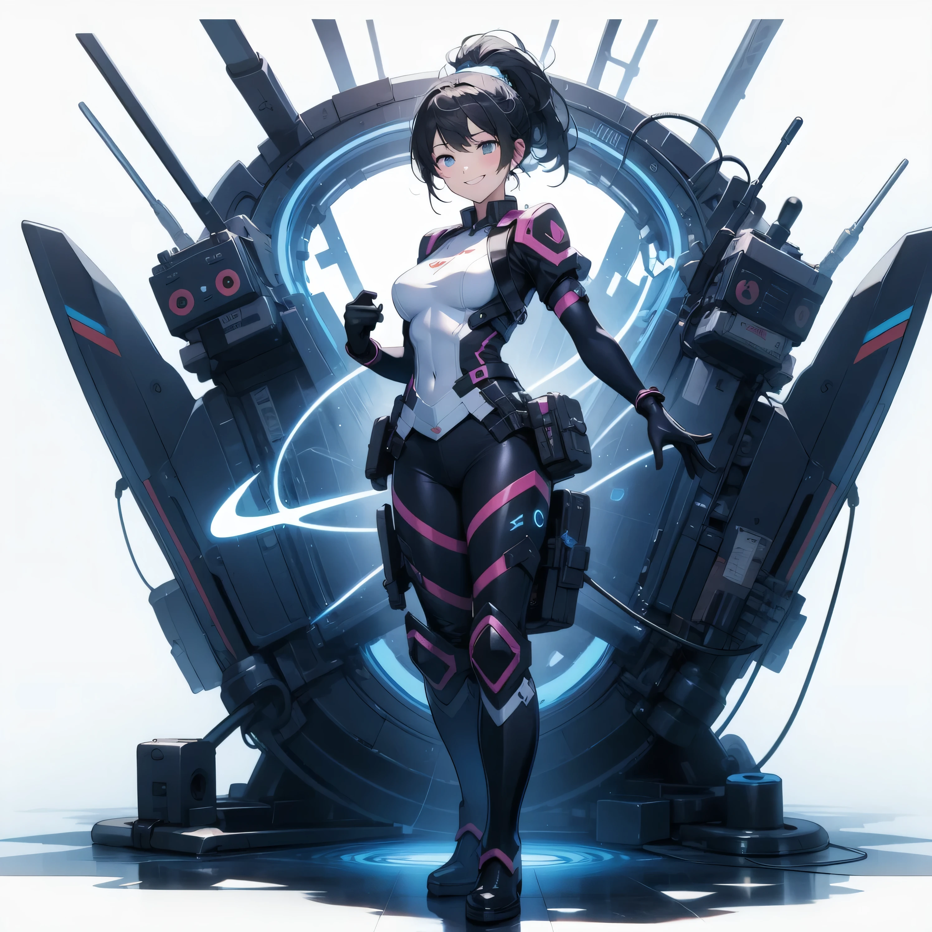  in the seat、 moderate bust、smile、 detailed expressions 、ruanyi0152 、( white background)、 ruanyi0238 、 blue glowing parts 、cable、Complex and precise instruments、Machinery Parts、 high knot ponytail、whole body、 top quality、 Masterpiece、 Hi-Res、 Dynamic Poses、 model stand、 Official Art、  Extremely elaborate CG Unity 8K Wallpaper 、Carrying a large flying unit、 long boots、Exoskeleton、 gloves up to the elbow 