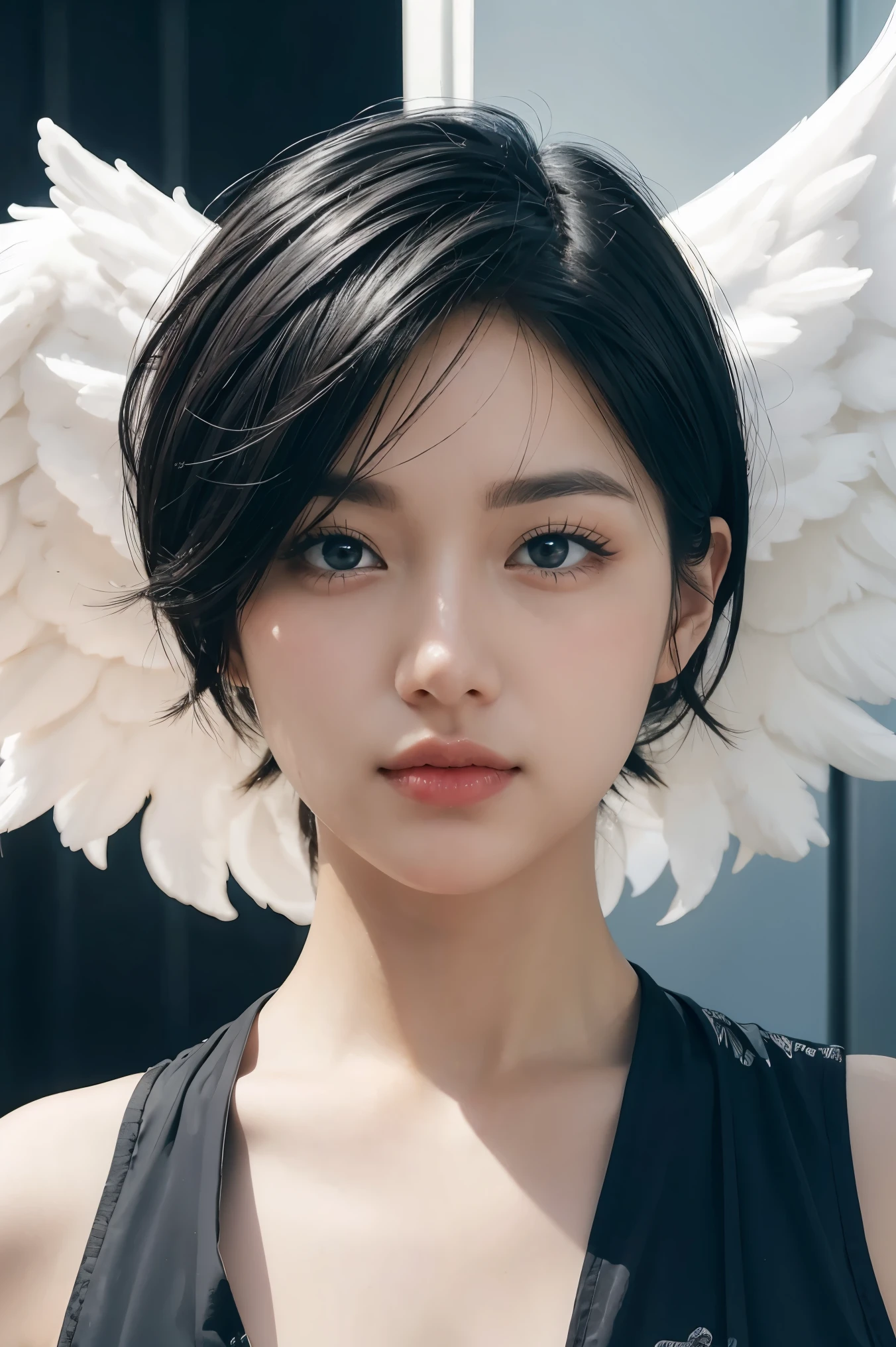 Black Hair,short hair,black eye,Angel's wing,Black clothes,Gender unknown,Expressionless,The lines are a little rough, best quality, masterpiece, 748cmstyle, A high school girl in a Japanese sailor uniform sitting like "The Thinker," facing left. (She has massive angel wings made of pink plastic garbage bags 1:0 ), dragging across the ground to the right. The wings are tattered and wrinkled, creating a somber and melancholic mood., feet out of frame, kneehighs, feathered wings, ear piercing, knees up, no mouth, english text, bandaid on knee, colored inner hair, head tilt, bandages, empty eyes, sidelocks, purple background, Vaporwave art, Vaporwave Aesthetic, by Miki Asai, neon, ral-glydch, vhs glitch, panoramic, Ultra high saturation, (best quality, masterpiece, Representative work, official art, Professional, 8k) INFO