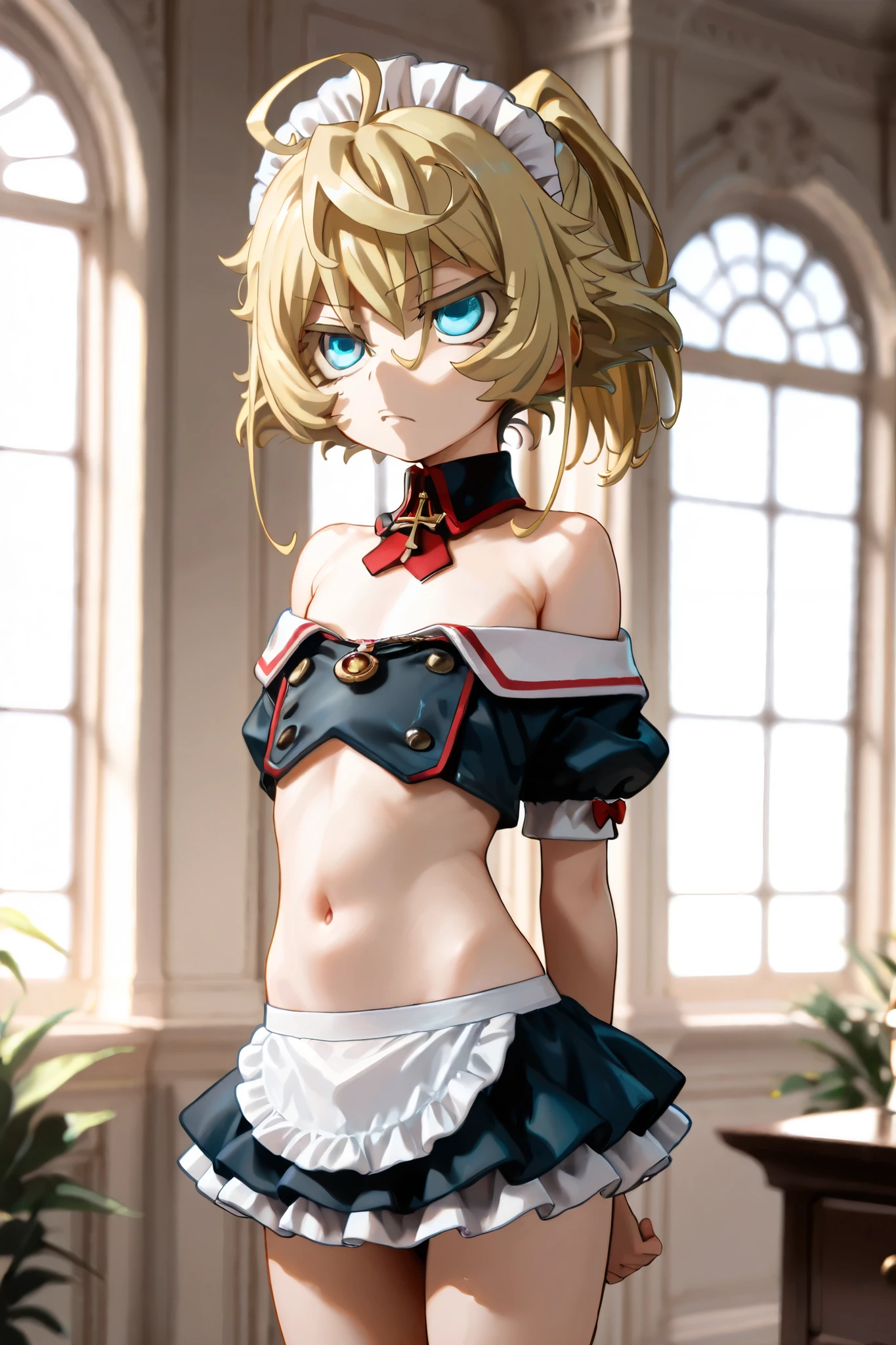 NSFW, Masterpiece, top quality, Hi-Res, very detailed, Tanya DeGrechaff, short hair、 blue eyes、 blond hair、 、 side lock、stupid hair、 ponytail、ショート ponytail, maid clothes, crop top, off the shoulder on the head, miniskirt, luxury mansion,Office