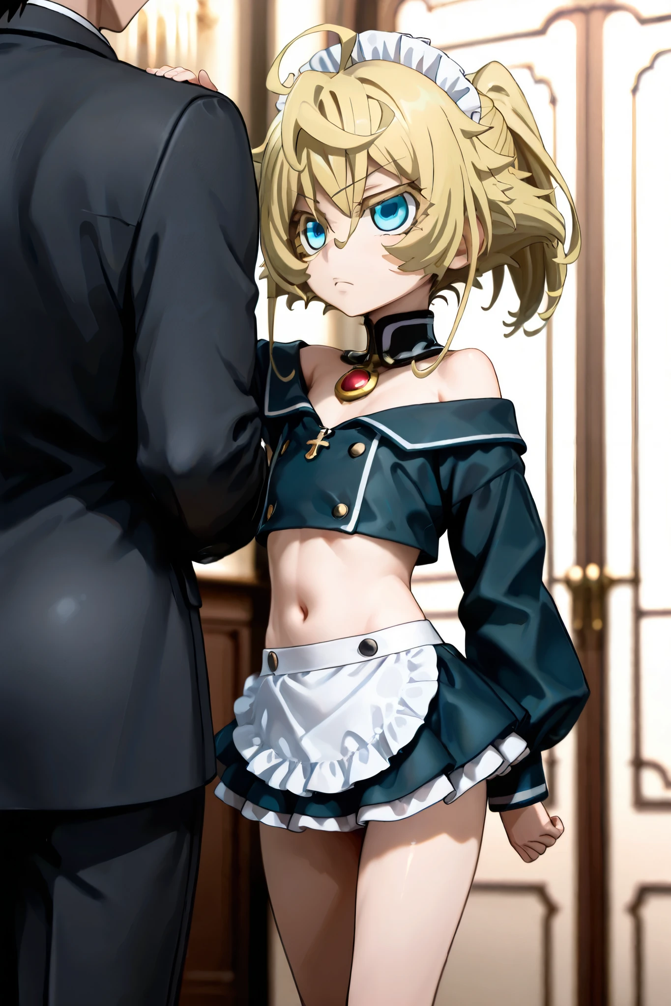 NSFW, Masterpiece, top quality, Hi-Res, very detailed, Tanya DeGrechaff, short hair、 blue eyes、 blond hair、 、 side lock、stupid hair、 ponytail、ショート ponytail, maid clothes, crop top, off the shoulder on the head, miniskirt, luxury mansion,Office