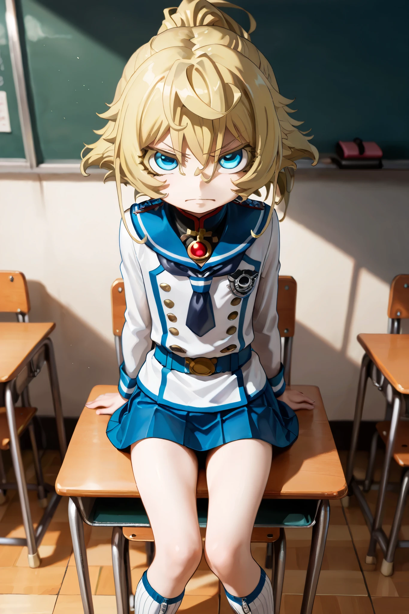 NSFW, Masterpiece, top quality, Hi-Res, very detailed, Tanya DeGrechaff, short hair、 blue eyes、 blond hair、 、 side lock、stupid hair、 ponytail、ショート ponytail, sailor suit, miniskirt, knee-high socks,School,classroom