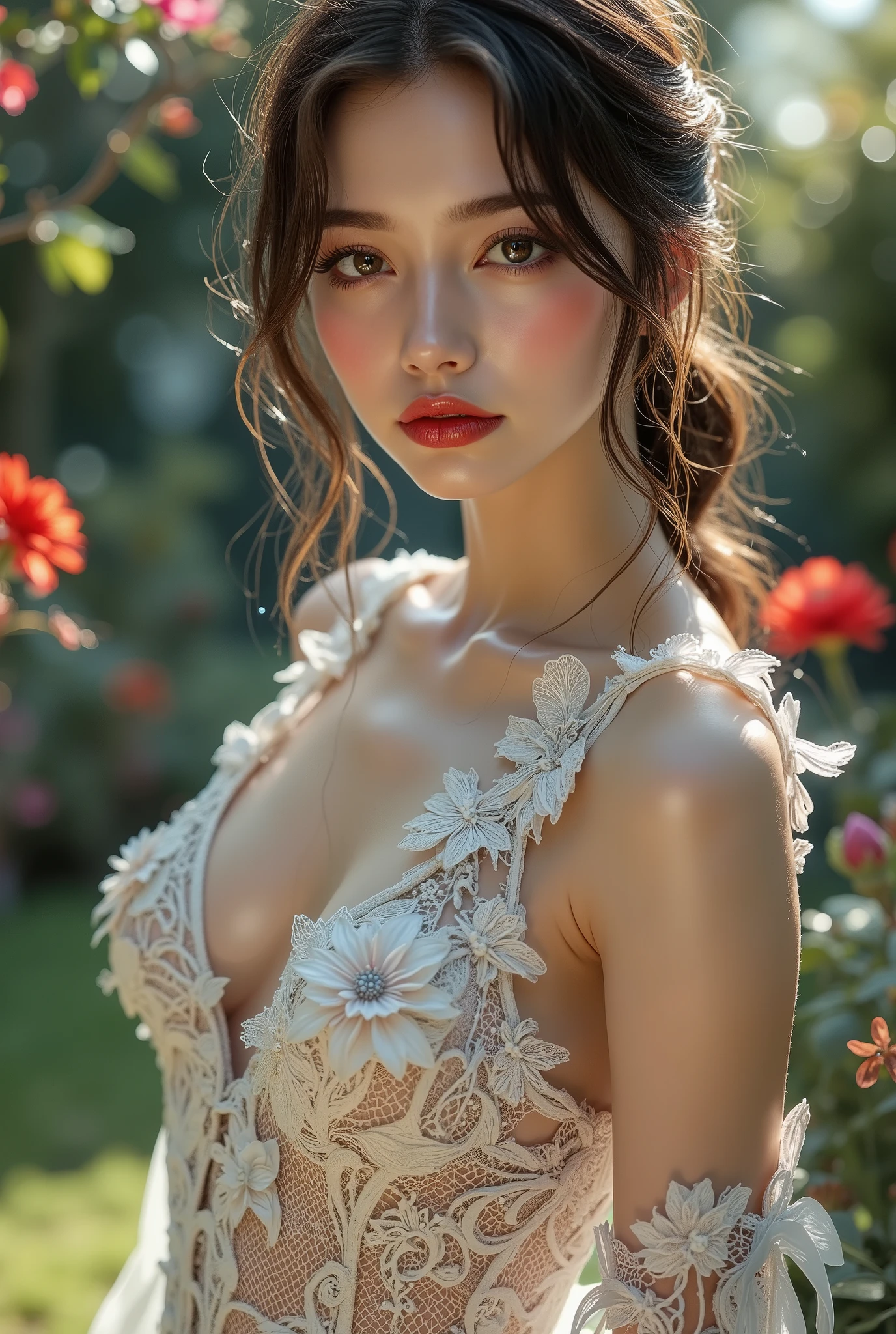 Realistic ((Photorealistic realism)), Hyper high resolution, ((Hyper insanel quality, epice masterciece, intricately detailed digital art)),((focus on extremely Realistic Proportion Body:1.3),"Portrait of {a woman, wearing a dress, standing in a garden}."(ultra realistic texture details: velvety skin, hair), ((sharp focus, no blurry eyes, Hyper absurd quality, Hyper details, Hyper realistic brown_eyes:1.4)),((extra narrow eyebrows)),(Carefully draw Long blue_eyelashes:1.2),(perfect round eyes), (finely detailed pupils, (extremely fine details pupils)), detailed lips:1.3, (apply glossy red_lipstick:1.23), (perfect proportions:1.2), (White tight Dress made of lace fishnet), (Dolce & Gabbana, Floral style:1.2), (elegant fashion, intricate details:1.2), ((clothes made of silk and flower), (Wearing tight fitting dresses)), ((black latex:1.25), latex bodysuit laced), (Ruffled Black Gothic Punk Skirt(Intricately details multi-layer, lace with fishnets:1.3), (golden lace-up:1.3), dslr, high quality split lighting, sharp focus captured by Fujifilm XT3, f 5.6,(perfect composition),((look at the viewer)), HDR, UHD, studio lighting, physically-based rendering, vivid colors,