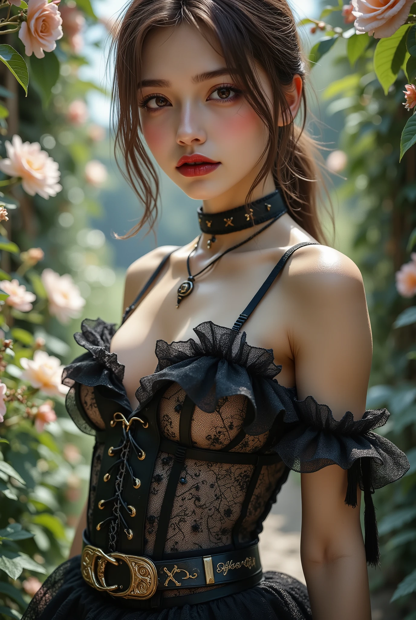 (masterpiece:1.2),best quality,high resolution,unity 8k wallpaper,(illustration:1),perfect lighting,photo_\(medium\),photorealistic,realistic,RAW, analog, Nikon Z 85mm, award winning glamour photograph,((best quality)), ((masterpiece)), ((realistic)), 18th century, vintage image, gorgeous États-Unis woman wearing, lace dress and corset, wearing a crown, 25 year old, (long brown hair), hazel eyes, small perky breasts, sitting outside at a new york caf, Statue of Liberty in background, , ((small breasts)), innocent, flower pedals in the air, (freckles:0.6), intricate details, highly detailed, sharp focus, professional, 4k, spring flowers blooming, god rays, hand model, stunning blue eyes, , delicate, innocent,highres, detailed facial features, high detail, sharp focus, smooth, aesthetic, extremely detailed, photo_\(ultra\), photorealistic, realistic, post-processing, max detail, roughness, real life, ultra realistic, photorealism, photography, 8k uhd, photography, SEMI-SILHOUETTE light, russian face