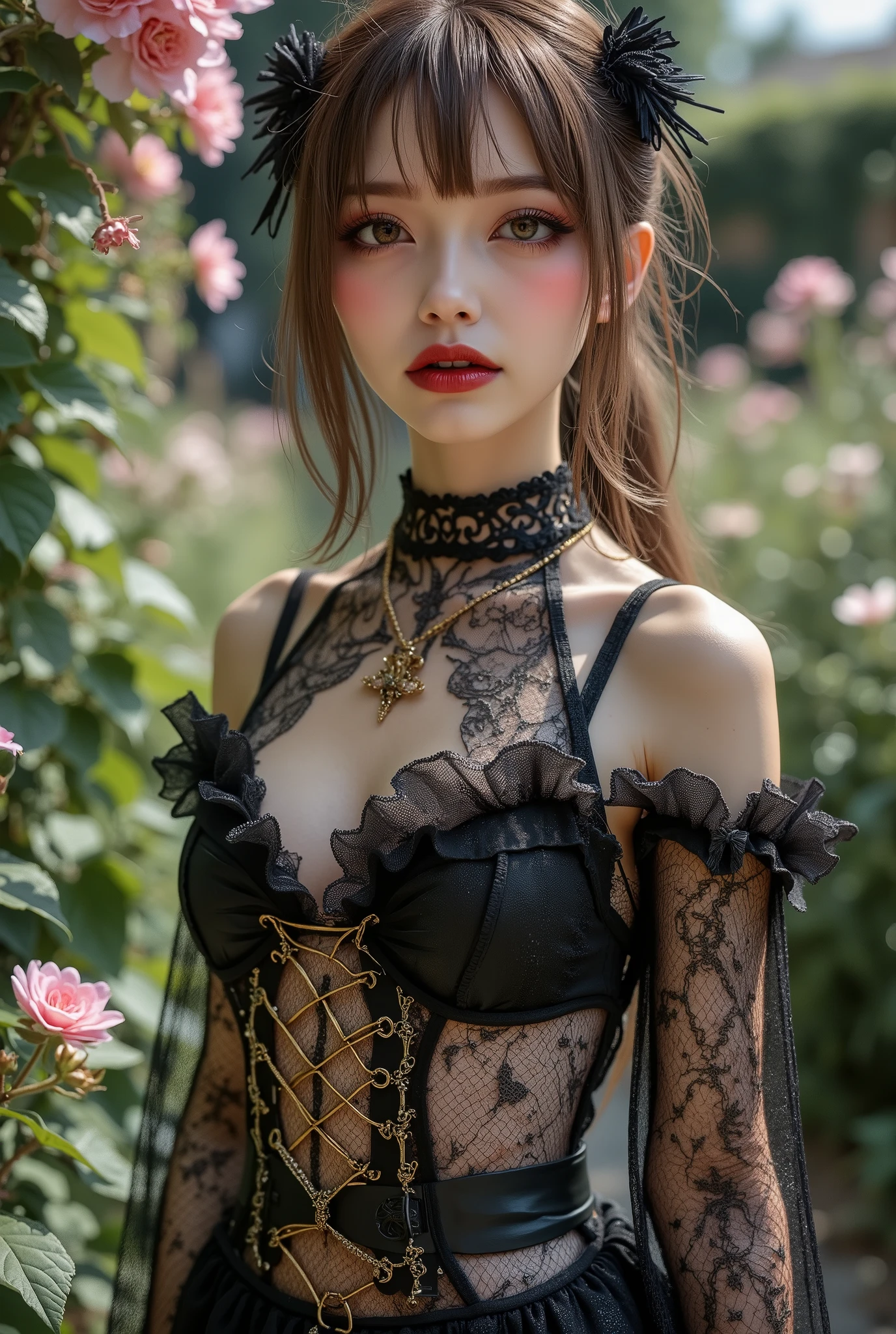 En un hermoso parque una mujer de aspecto moderno. It has a very colorful and striking kawaii gothic style.., con un maquillaje elegante y una peluca colorida.