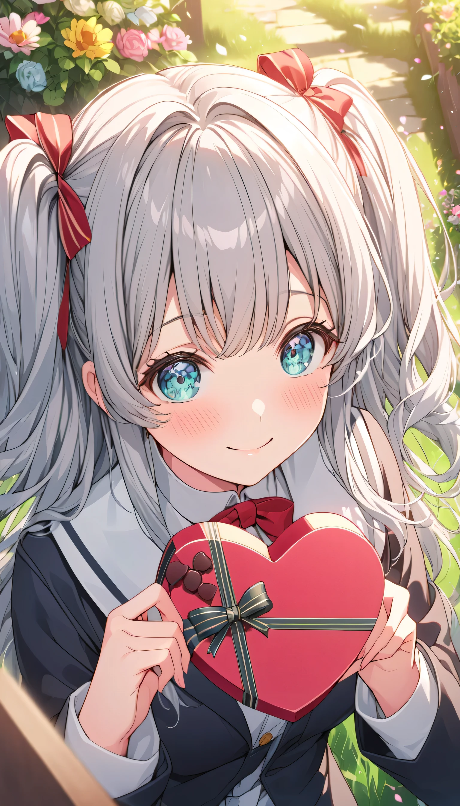 ((ultra-detailed)), (highly detailed CG illustration), (best quality:1.2), ultra-highly detailed, colorful composition, artistic photoshoot, 1girl, solo focus, ((upper body:1.4)), moe anime character, girl, dainty facial structure, (bab(round face), ((rounded chin:1.2)), ((ideal ratio body proportions)), celia-default, celia claire, (blue eyes), sparkle eyes, silver hair color, two side up, ((hair ribbon with red), (deep royal blue and white strips hair ribbon), ample breasts, school uniform, black blazer, modern style with fitted jacket, red neck bow, long sleeves white shirt, black pleated skirt, and black high socks, ((look of anticipation)), ((shy:1.4)), ((blush:1.4)), ((bashful:1.4)), ((excited)), ((full-face blush:1.4)), ample breasts, ((giving Valentine's chocolate)), ((chocolates in a heart box)), petals glowing and fluttering, standing by the victorian garden with flowers, beautiful detailed sky, dynamic pose, looking at viewer, best quality, masterpiece, looking up, expecting, pink cheek, blush, light pink gloss slip, portrait, depth of field, soft lighting, sidelighting, (shine), lighting, caustics, ray tracing, smile, perfect face, lustrous skin, highly detailed face, highly detailed eyes, perfect face, perfect nose, perfect hair, perfect eyes, perfect anatomy, beautiful hair, beautiful small face, extremely detailed face, beautiful detailed eyes, beautiful clavicle, beautiful body, beautiful huge breasts, leavage, breasts squeezed together, equalize the size of the left and right breasts, beautiful fingers, 4 fingers, 1 thumb, lovely, (very detailed background:1.0), (highly detailed background:1.0), spring aesthetic, intricate details, love atmosphere, spring colors palette, chromatic aberration