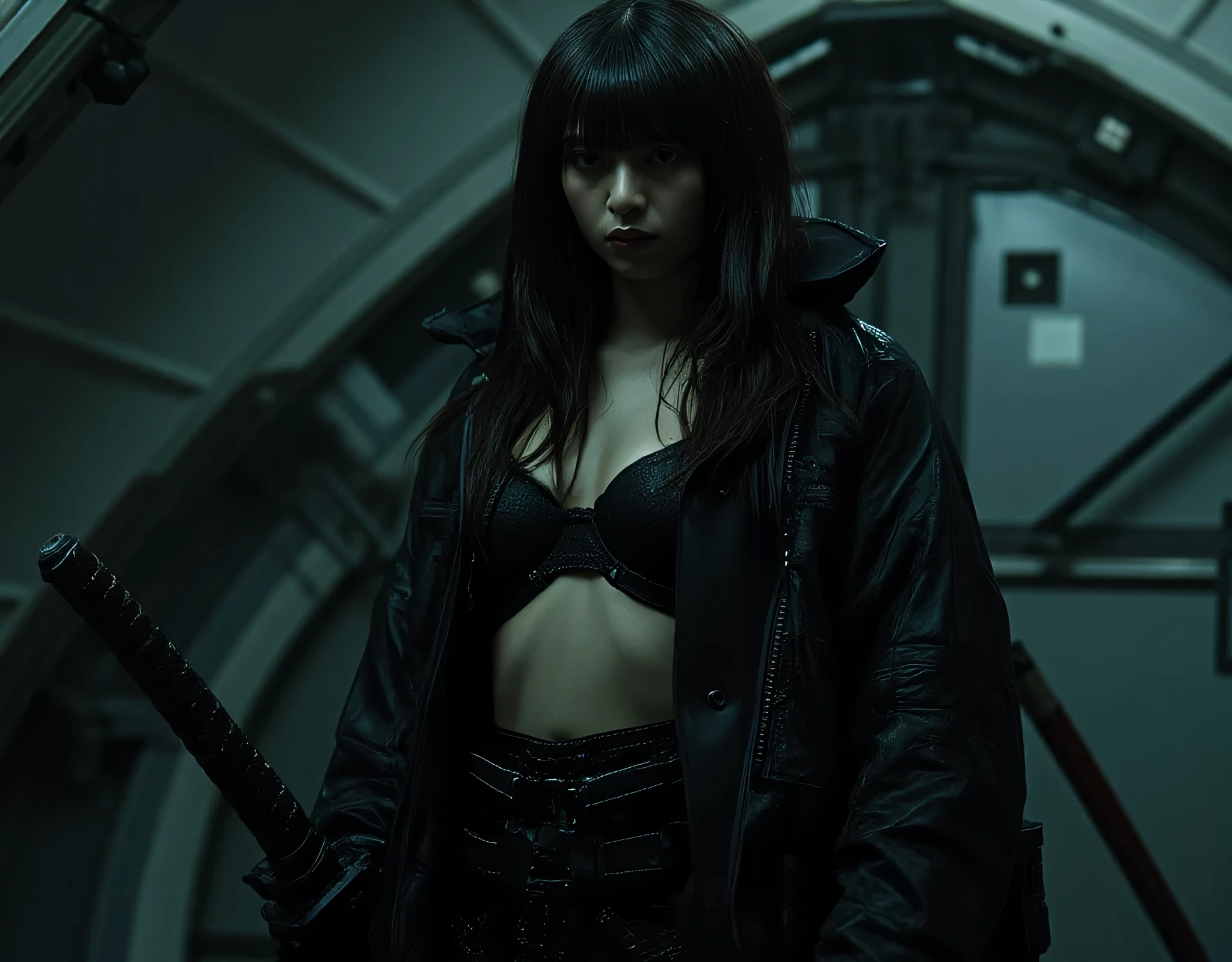 ((Slim model body type:2.0)),(((The dark interior of the Nostromo ship :2.0))),((( HR Gigger Style Cyberpunk Atmosphere :2.0))),(((Hold a cyberpunk-style Japanese sword:2.0))), Standing,((Down to the toes:2.0)), one woman,( cute face),(Beautiful well-balanced face ),(( natural big breasted :2.0)),( black hair:1.5),( beautiful eyes:1.3), glamorous shot of a 20 year old Japanese woman , Slender Beautiful Body ,(( model body type:2.0)),(( slim body with hot water:1.7)), perfect body line , ideal proportions ,(( big breasts:2.0)),((F cup breasts:1.5)),Big Breasts,Bare thighs, sensual thighs, delicate body,( Muscular:1.7),A harmonious posture,((Realistic breast depiction :1.7)), carefully depicting limbs based on perfect anatomy,((Wear a samurai kimono-style military coat with an open front over a black super high-leg leotard :1.5)),(( is a super high-leg leotard made of camy-style latex that fits the body:1.5)),(( Samurai armor-style military coat with an open front over a leotard:1.5)),((Black eyepatch:1.5)),(ear monitor:1.5),((Tactical Holster:1.5)),( gloves:1.3), concept art ,( top quality:1.5),( Masterpiece:1.5),(Super high resolution),resolution,UHD,( delicate depiction), carefully drawn with butterfly wings ,32K,(( realistic skin texture:1.5)),((( Super realistic :1.5))), eyelashes,Highly detailed faces,Highly detailed female hand,Sexy appearance,Very sensual,(Blurry Dim Backgrounds :1.5), professional photography,( Movie Lighting:2.0),(( Blade Runner Style Lights :2.0))
