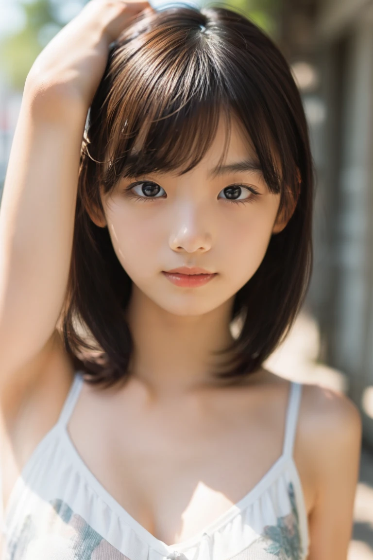 12 years old, (japanese Famous idol:1.4) (1cute girl:1.4) (very young face:1.4) best quality, face focus, soft light, ultra high res, (photorealistic:1.4), RAW photo, 1japanese girl, solo, cute, (pupil, lights in the eyes), detailed cute face, (small chest),(high resolution detail of human skin texture), Damask Shirt Dress, (portrait)