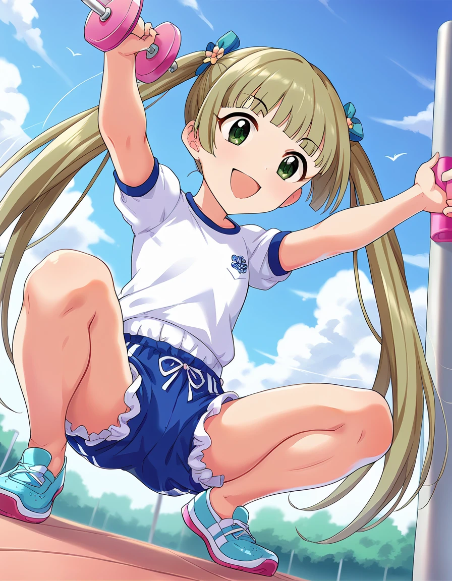 1girl,,tanned body,short hair,squatting,open legs,spread legs,outdoor,miniskirt,panties,from below,(smile,blush),socks,shoes,(((Gyaru)))