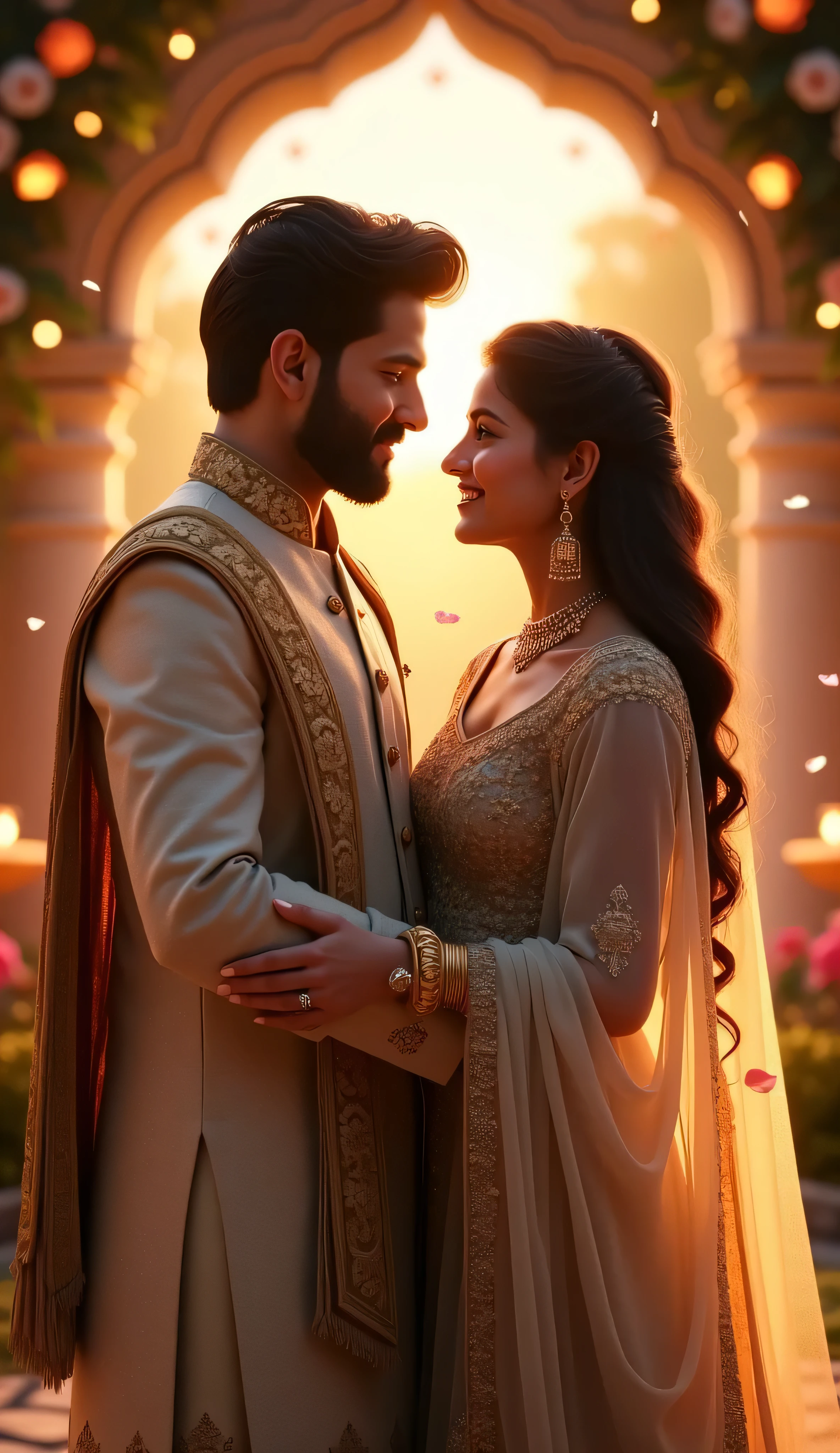 Newlyweds, clad in matrimonial bliss, lock lips tenderly on a sumptuous bed draped in silken sheets. The newly-crowned bride, resplendent in a radiant lehenga, casts a loving gaze into her spouse's soulful eyes, their heartfelt connection immortalized in this exquisite, timeless moment. (Masterpiece: 1.5), (Super detailed: 1.2), (Timeless: 1.1), (Radiant: 1.4), (Silken: 1.6), (Resplendent: 1.7), (Heartfelt: 1.8), (Mat