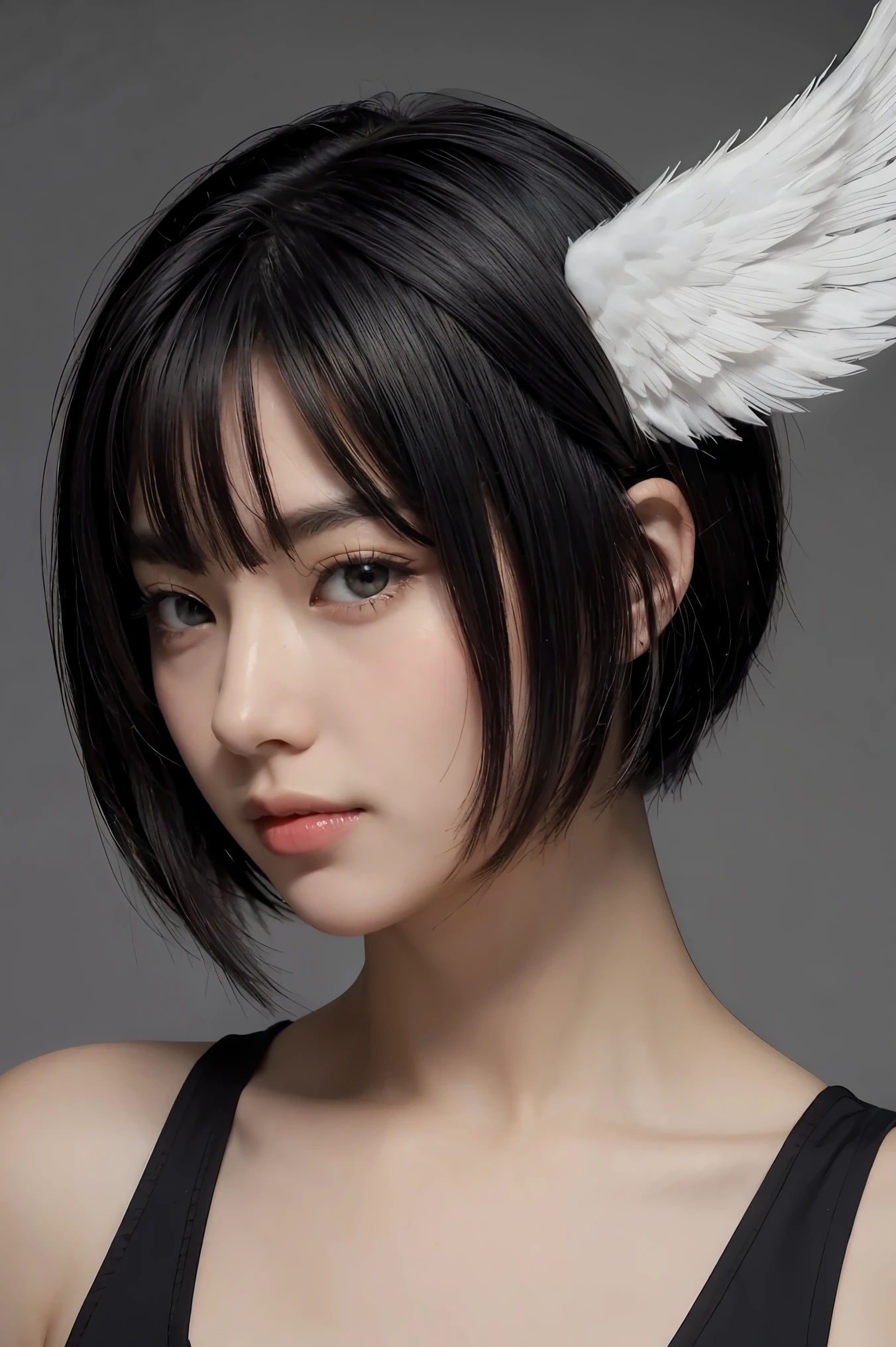 Black Hair,short hair,black eye,Angel's wing,Black clothes,Gender unknown,Expressionless,The lines are a little rough, best quality, masterpiece, 748cmstyle, A high school girl in a Japanese sailor uniform sitting like "The Thinker," facing left. (She has massive angel wings made of pink plastic garbage bags 1:0 ), dragging across the ground to the right. The wings are tattered and wrinkled, creating a somber and melancholic mood., feet out of frame, kneehighs, feathered wings, ear piercing, knees up, no mouth, english text, bandaid on knee, colored inner hair, head tilt, bandages, empty eyes, sidelocks, purple background, Vaporwave art, Vaporwave Aesthetic, by Miki Asai, neon, ral-glydch, vhs glitch, panoramic, Ultra high saturation, (best quality, masterpiece, Representative work, official art, Professional, 8k) INFO
