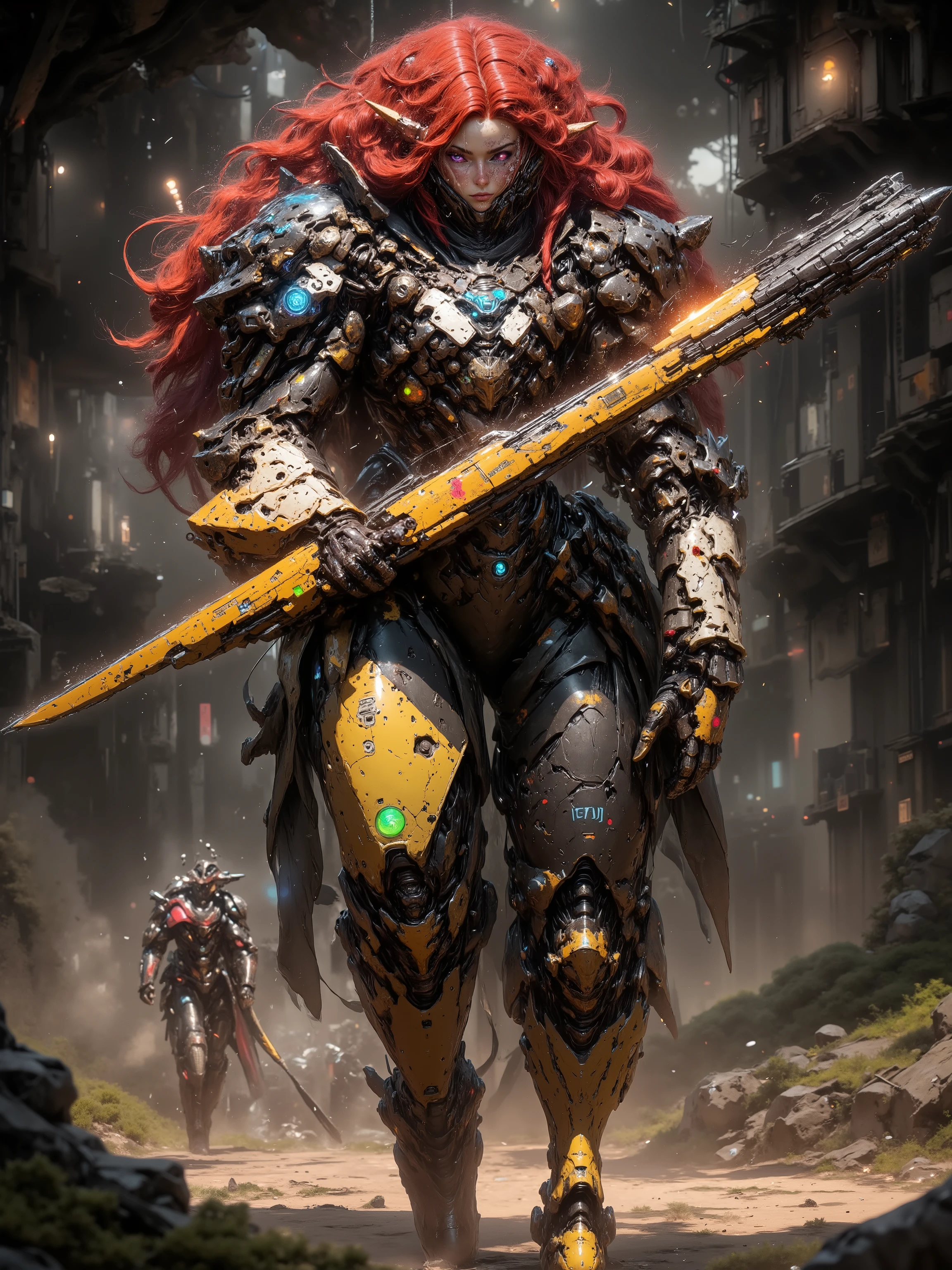 Female Elf, Long Flowing Fiery Red Hair with Blunt Bangs, Long Elven Ears, Glowing Blue and white Cybernetic Eyes, Tanned Skin, Large Breasts, Wide Hips, Thick Thighs, Long Legs, Wearing Form Fitting Advanced Golden Leaf Advanced Cybernetic Armor, Holding a Golden High tech Long Bow, Quiver full of Silver Arrows strapped to her back, walking through a forest during the day, Futuristic Tree Houses in the background