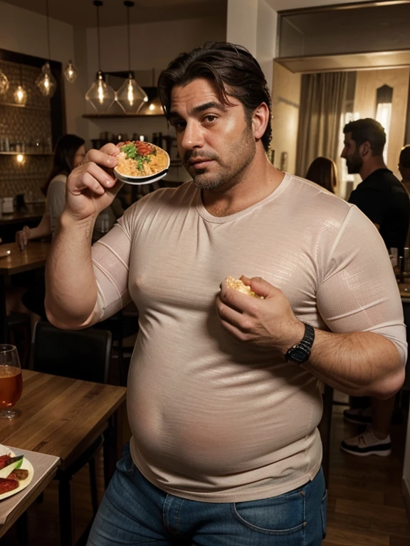 Only plump, chubby, extremely thick thighs, large belly, wearing only red swim trunks, Homem velho 56 anos tem uma barba Grande levemente grisalho, he is working inside a cafeteria preparing hamburgers, serving burger to customer. He is holding a plate with a burger and fries in his hands. He wears glasses.