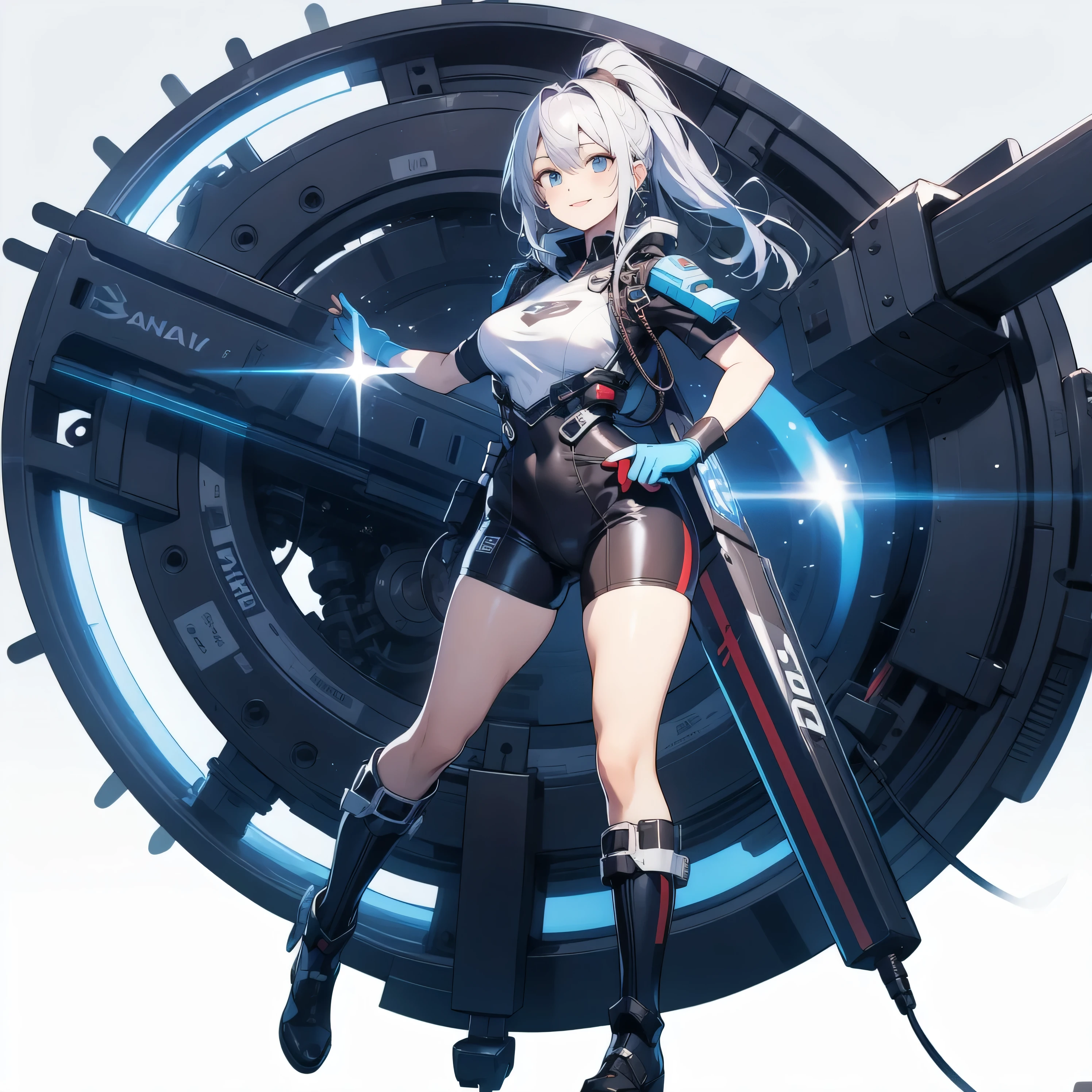  in the seat、 moderate bust、smile、 detailed expressions 、ruanyi0152 、( white background)、 ruanyi0238 、 blue glowing parts 、cable、Complex and precise instruments、Machinery Parts、 high knot ponytail、whole body、 top quality、 Masterpiece、 Hi-Res、 Dynamic Poses、 model stand、 Official Art、  Extremely elaborate CG Unity 8K Wallpaper 、Carrying a large flying unit、 long boots、Exoskeleton、 gloves up to the elbow 