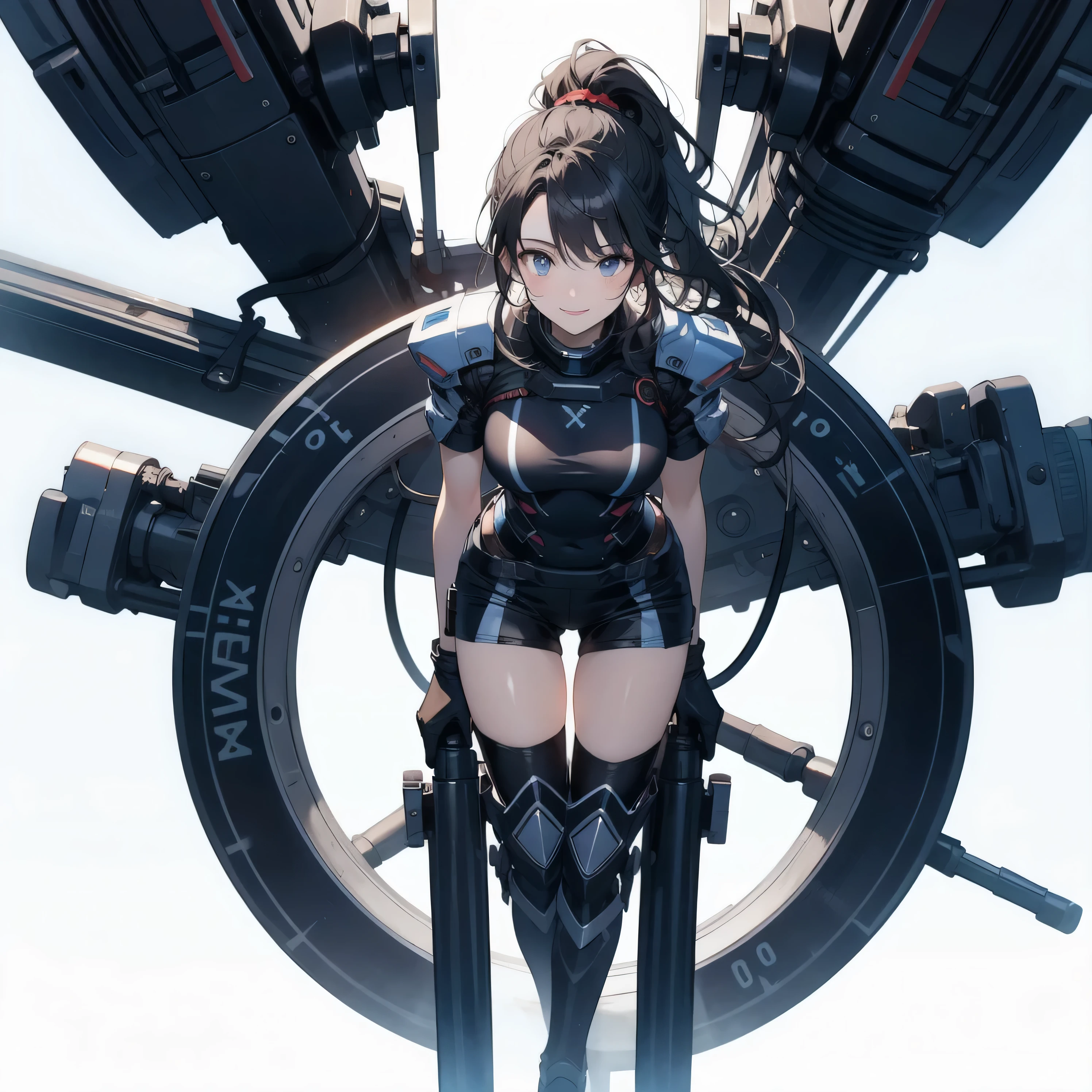 in the seat、 moderate bust、smile、 detailed expressions 、ruanyi0152 、( white background)、 ruanyi0238 、 blue glowing parts 、cable、Complex and precise instruments、Machinery Parts、 high knot ponytail、whole body、 top quality、 Masterpiece、 Hi-Res、 Dynamic Poses、 model stand、 Official Art、  Extremely elaborate CG Unity 8K Wallpaper 、Carrying a large flying unit、 long boots、Exoskeleton、 gloves up to the elbow 