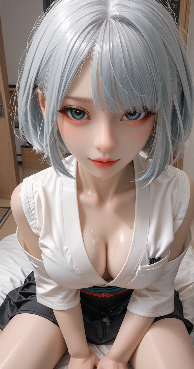 ((masterpiece)), ((highest quality)), (super detailed), ((cute)), cute, (Lovely), ((sexy)), (device), ((very detailed)), 4k, (8k), highest quality, (beautiful), 1 girl、Sagume, medium silver hair,silver eyes(heart-shaped pupil) , bed、angel's wing、big breasts、Slender、full nude、Open mouth, tongue sticking out and dripping、seeking courtship、I could see the whole body、A passionate face on my chest、courtship actions、thighs open