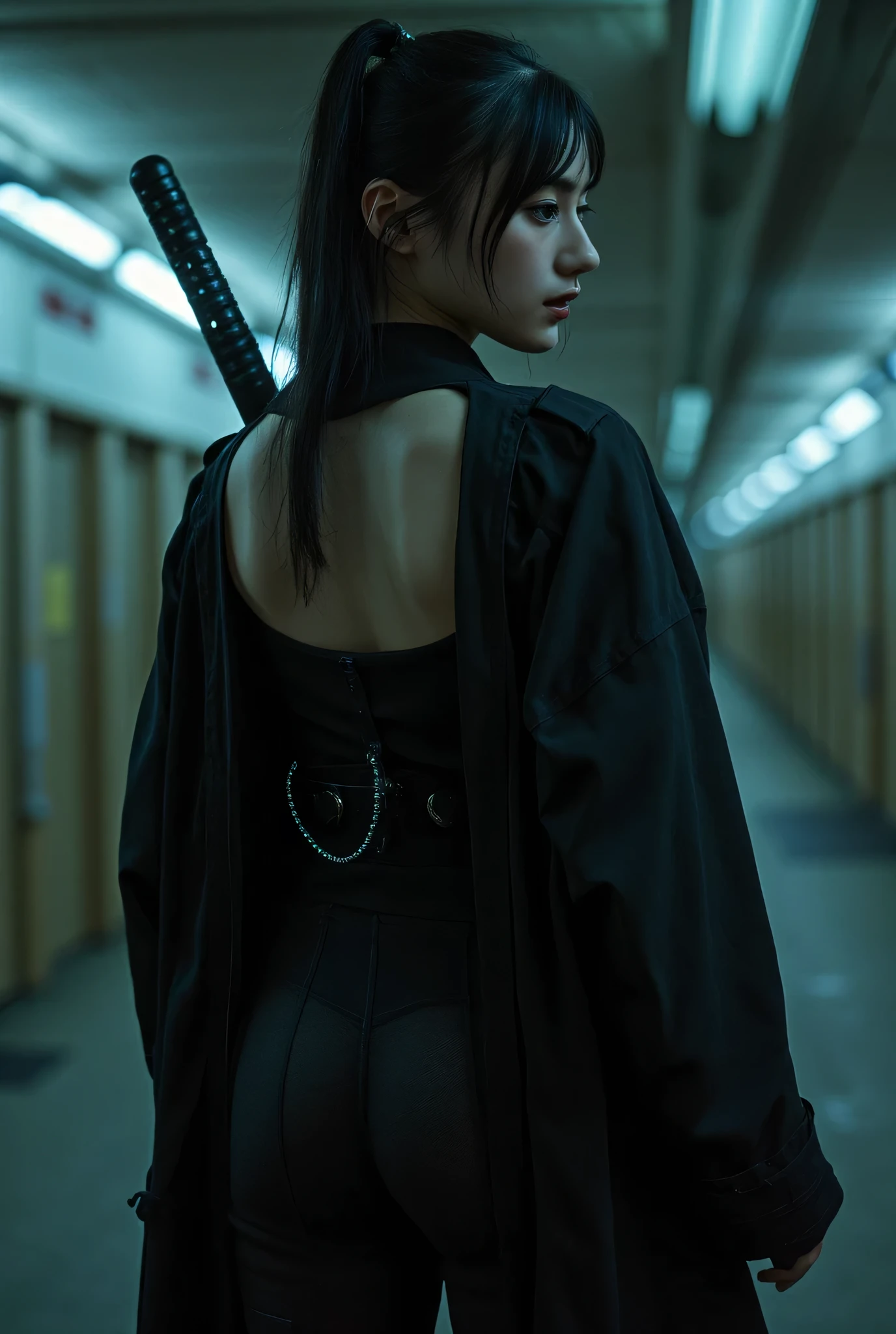 (((The dark interior of the Nostromo ship :2.0))),((( HR Gigger Style Cyberpunk Atmosphere :2.0))),(((Hold a cyberpunk-style Japanese sword:2.0))),Side view from the back ,Side pose,(( Look Back and Look at the Camera:2.0)),(( Looking Over My Shoulder :2.0)),Rear View,((whole body:2.0)), one woman,( cute face),(Beautiful well-balanced face ),(( natural big breasted :2.0)),( black hair:1.5),( beautiful eyes:1.3), glamorous shot of a 20 year old Japanese woman , Slender Beautiful Body ,(( model body type:2.0)),(( slim body with hot water:1.7)), perfect body line , ideal proportions ,( big breasts:2.0),Bare thighs, sensual thighs, delicate body,( Muscular:1.5),A harmonious posture,((Beautiful ass:2.0)),((cute ass:2.0)), ((((Bare ass :2.0)))),((( T-back :2.0))),(Realistic breast depiction :1.5), carefully depicting limbs based on perfect anatomy,((Wear a samurai kimono-style military coat with an open front over a black super high-leg leotard :2.0,(( is a super high-leg leotard made of camy-style latex that fits the body:1.5)),(( Samurai kimono-style military jacket with the front open over a leotard:1.5)),(ear monitor:1.5),((Tactical Holster:1.5)),( gloves:1.3), concept art ,( top quality:1.5),( Masterpiece:1.5),(Super high resolution),resolution,UHD,( delicate depiction), carefully drawn with butterfly wings ,32K,(( realistic skin texture:1.5)),((( Super realistic :1.5))), eyelashes,Highly detailed faces,Highly detailed female hand,Very sensual,(Blurry Dim Backgrounds :1.5), professional photography,( Movie Lighting:2.0),(( Blade Runner Style Lights :2.0))