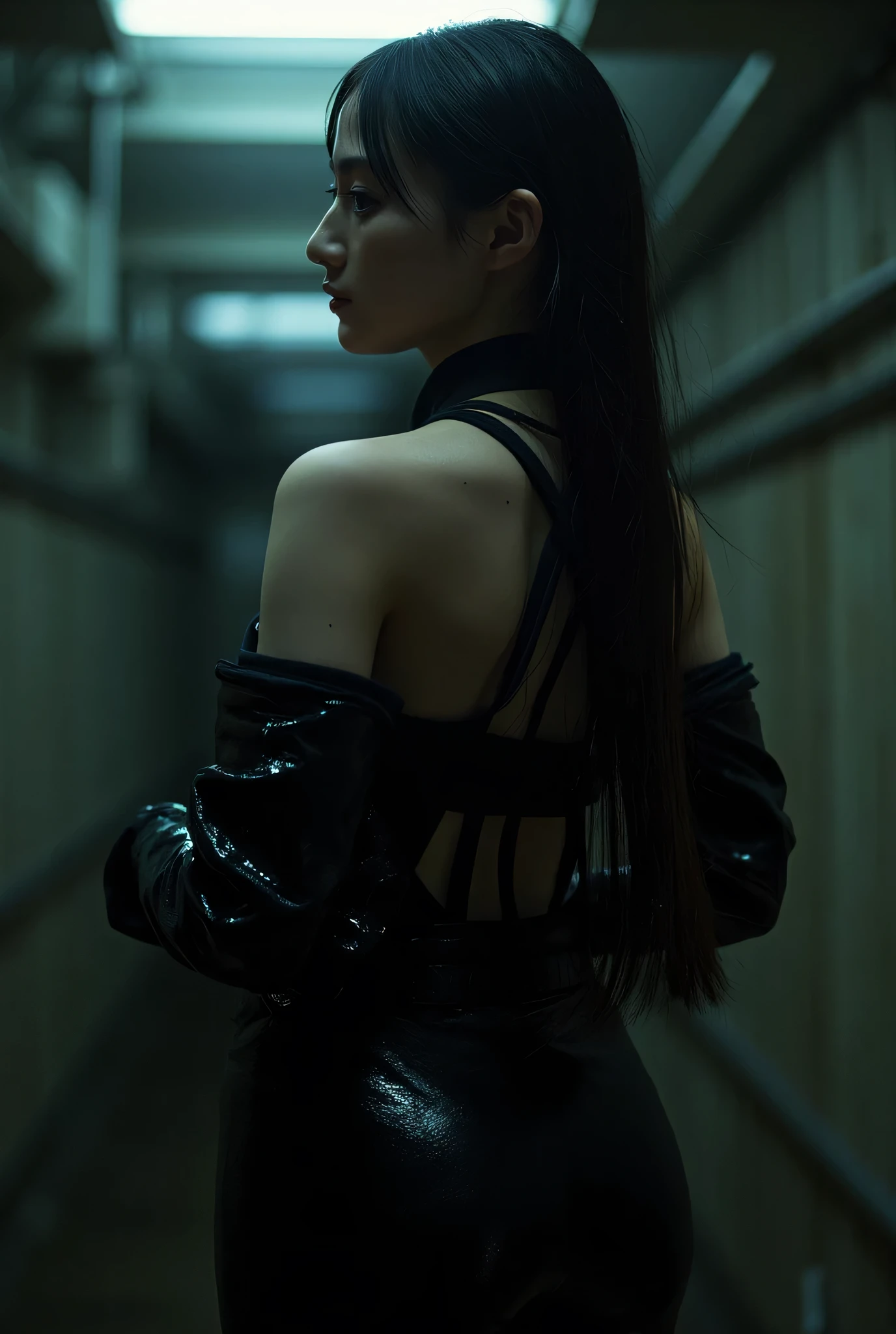 (((The dark interior of the Nostromo ship :2.0))),((( HR Gigger Style Cyberpunk Atmosphere :2.0))),(((Hold a cyberpunk-style Japanese sword:2.0))),Side view from the back ,Side pose,(( Look Back and Look at the Camera:2.0)),(( Looking Over My Shoulder :2.0)),Rear View,((whole body:2.0)), one woman,( cute face),(Beautiful well-balanced face ),(( natural big breasted :2.0)),( black hair:1.5),( beautiful eyes:1.3), glamorous shot of a 20 year old Japanese woman , Slender Beautiful Body ,(( model body type:2.0)),(( slim body with hot water:1.7)), perfect body line , ideal proportions ,( big breasts:2.0),Bare thighs, sensual thighs, delicate body,( Muscular:1.5),A harmonious posture,((Beautiful ass:2.0)),((cute ass:2.0)), ((((Bare ass :2.0)))),((( T-back :2.0))),(Realistic breast depiction :1.5), carefully depicting limbs based on perfect anatomy,((Wear a samurai kimono-style military coat with an open front over a black super high-leg leotard :2.0,(( is a super high-leg leotard made of camy-style latex that fits the body:1.5)),(( Samurai kimono-style military jacket with the front open over a leotard:1.5)),(ear monitor:1.5),((Tactical Holster:1.5)),( gloves:1.3), concept art ,( top quality:1.5),( Masterpiece:1.5),(Super high resolution),resolution,UHD,( delicate depiction), carefully drawn with butterfly wings ,32K,(( realistic skin texture:1.5)),((( Super realistic :1.5))), eyelashes,Highly detailed faces,Highly detailed female hand,Very sensual,(Blurry Dim Backgrounds :1.5), professional photography,( Movie Lighting:2.0),(( Blade Runner Style Lights :2.0))