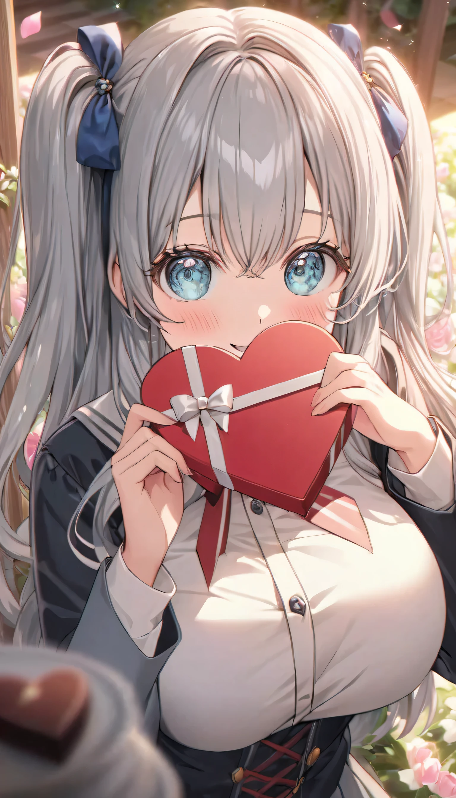 ((ultra-detailed)), (highly detailed CG illustration), (best quality:1.2), ultra-highly detailed, colorful composition, artistic photoshoot, 1girl, solo focus, ((upper body:1.4)), moe anime character,  girl, dainty facial structure, (bab(round face), ((rounded chin:1.2)), ((ideal ratio body proportions)), celia-default, celia claire, (blue eyes), sparkle eyes, silver hair color, two side up, ((hair ribbon with red), (deep royal blue and white strips hair ribbon), ample breasts, school uniform, black blazer, modern style with fitted jacket,  red neck bow, long sleeves white  shirt, black pleated skirt, and black high socks, ((look of anticipation)), ((shy:1.4)), ((blush:1.4)), ((bashful:1.4)), ((excited)), ((full-face blush:1.4)), ample breasts, ((giving Valentine's chocolate)), ((chocolates in a heart box)), petals glowing and fluttering, standing by the victorian garden with flowers, beautiful detailed sky, dynamic pose, looking at viewer, best quality, masterpiece, looking up, expecting, pink cheek, blush, light pink gloss slip, portrait, depth of field, soft lighting, sidelighting, (shine), lighting, caustics, ray tracing, smile, perfect face, lustrous skin, highly detailed face, highly detailed eyes, perfect face, perfect nose, perfect hair, perfect eyes, perfect anatomy, beautiful hair, beautiful small face, extremely detailed face, beautiful detailed eyes, beautiful clavicle, beautiful body, beautiful huge breasts, leavage, breasts squeezed together, equalize the size of the left and right breasts, beautiful fingers, 4 fingers, 1 thumb, lovely, (very detailed background:1.0), (highly detailed background:1.0), spring aesthetic, intricate details, love atmosphere, spring colors palette, chromatic aberration