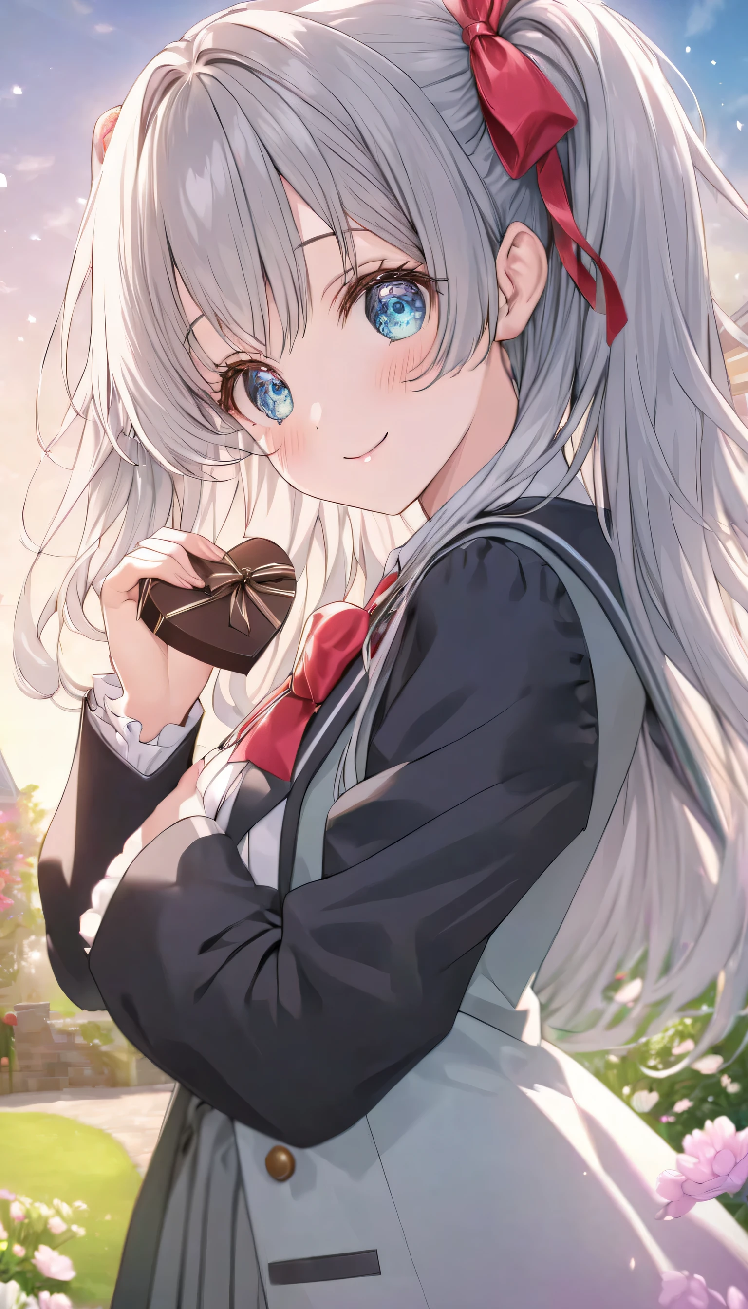 ((ultra-detailed)), (highly detailed CG illustration), (best quality:1.2), ultra-highly detailed, colorful composition, artistic photoshoot, 1girl, solo focus, ((upper body:1.4)), moe anime character, girl, dainty facial structure, (bab(round face), ((rounded chin:1.2)), ((ideal ratio body proportions)), celia-default, celia claire, (blue eyes), sparkle eyes, silver hair color, two side up, ((hair ribbon with red), (deep royal blue and white strips hair ribbon), ample breasts, school uniform, black blazer, modern style with fitted jacket, red neck bow, long sleeves white shirt, black pleated skirt, and black high socks, ((look of anticipation)), ((shy:1.4)), ((blush:1.4)), ((bashful:1.4)), ((excited)), ((full-face blush:1.4)), ample breasts, ((giving Valentine's chocolate)), ((chocolates in a heart box)), petals glowing and fluttering, standing by the victorian garden with flowers, beautiful detailed sky, dynamic pose, looking at viewer, best quality, masterpiece, looking up, expecting, pink cheek, blush, light pink gloss slip, portrait, depth of field, soft lighting, sidelighting, (shine), lighting, caustics, ray tracing, smile, perfect face, lustrous skin, highly detailed face, highly detailed eyes, perfect face, perfect nose, perfect hair, perfect eyes, perfect anatomy, beautiful hair, beautiful small face, extremely detailed face, beautiful detailed eyes, beautiful clavicle, beautiful body, beautiful huge breasts, leavage, breasts squeezed together, equalize the size of the left and right breasts, beautiful fingers, 4 fingers, 1 thumb, lovely, (very detailed background:1.0), (highly detailed background:1.0), spring aesthetic, intricate details, love atmosphere, spring colors palette, chromatic aberration