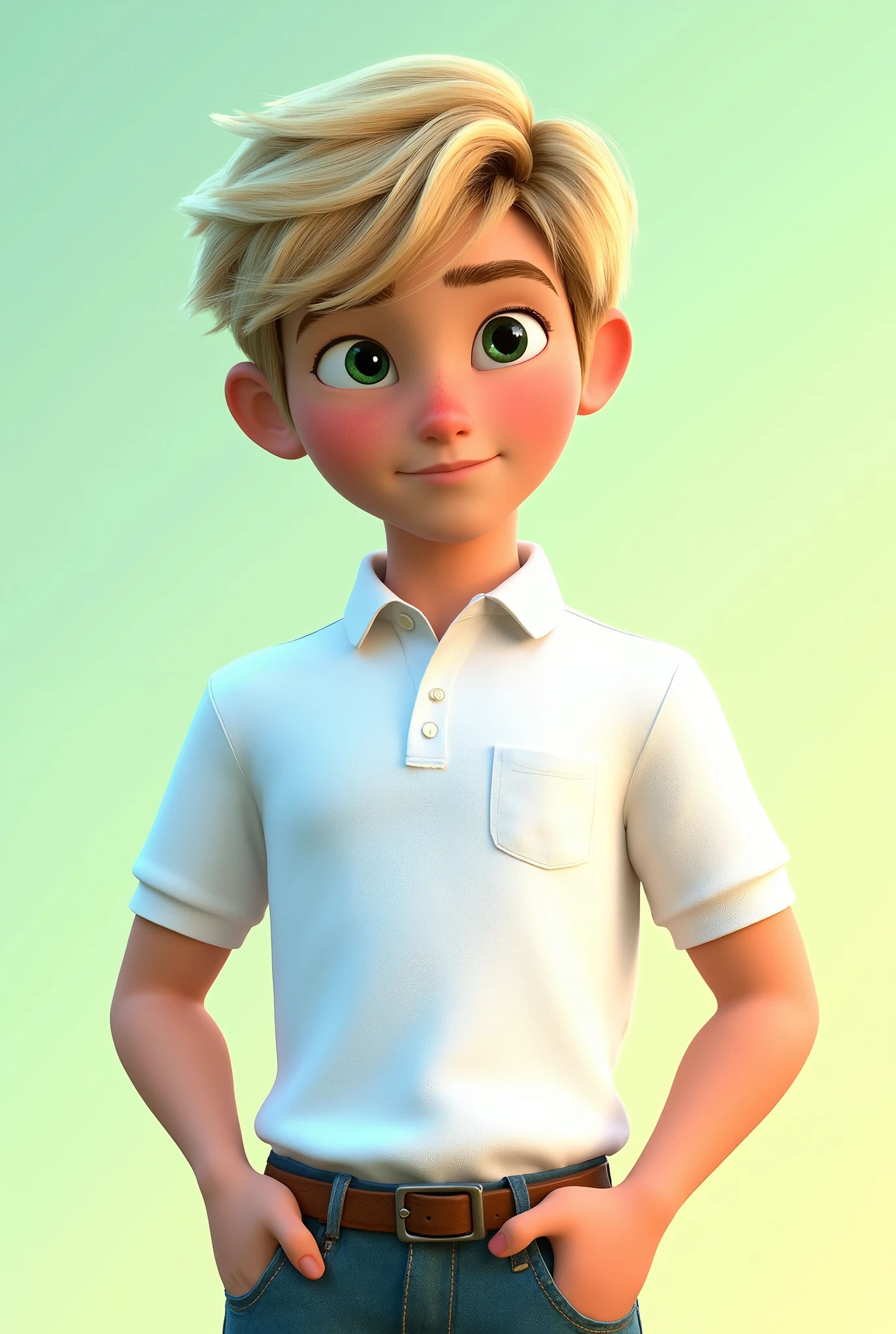 A boy of about 18 years old, blond hair with a gradient haircut, greenish brown eyes, dressed in a white GOLO POLO with pocket without details on the chest, pixar-style image reaching from the waist up