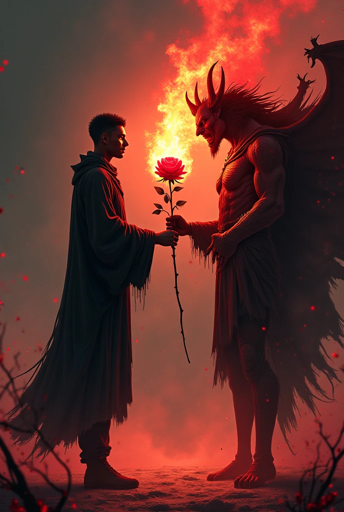 Effeminate man with long hair and feminine face holding a sunflower makes supplication to Lucifer. Lucifer is dressed all in black and has huge horns, Lucifer has red skin and is very ugly