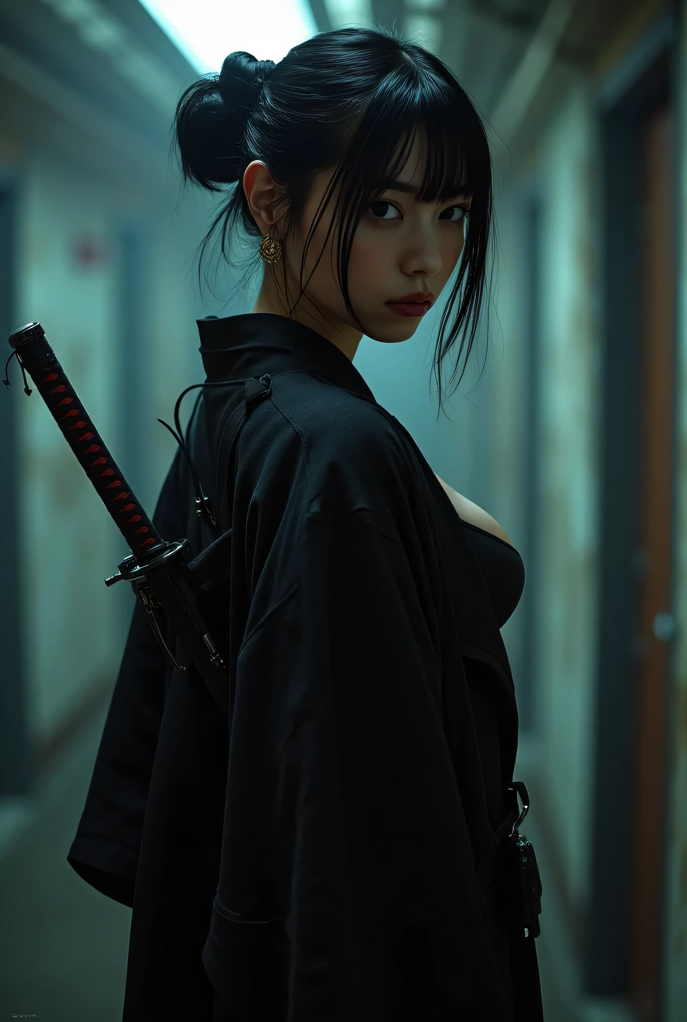 (((The dark interior of the Nostromo ship :2.0))),((( HR Gigger Style Cyberpunk Atmosphere :2.0))),(((Hold a cyberpunk-style Japanese sword:2.0))),Side view from the back ,Side pose,(( Look Back and Look at the Camera:2.0)),(( Looking Over My Shoulder :2.0)),Rear View,((whole body:2.0)), one woman,( cute face),(Beautiful well-balanced face ),(( natural big breasted :2.0)),( black hair:1.5),( beautiful eyes:1.3), glamorous shot of a 20 year old Japanese woman , Slender Beautiful Body ,(( model body type:2.0)),(( slim body with hot water:1.7)), perfect body line , ideal proportions ,( big breasts:2.0),Bare thighs, sensual thighs, delicate body,( Muscular:1.5),A harmonious posture,((Beautiful ass:2.0)),((cute ass:2.0)), ((((Bare ass :2.0)))),((( T-back :2.0))),(Realistic breast depiction :1.5), carefully depicting limbs based on perfect anatomy,((Wear a samurai kimono-style military coat with an open front over a black super high-leg leotard :2.0,(( is a super high-leg leotard made of camy-style latex that fits the body:1.5)),(( Samurai kimono-style military jacket with the front open over a leotard:1.5)),(ear monitor:1.5),((Tactical Holster:1.5)),( gloves:1.3), concept art ,( top quality:1.5),( Masterpiece:1.5),(Super high resolution),resolution,UHD,( delicate depiction), carefully drawn with butterfly wings ,32K,(( realistic skin texture:1.5)),((( Super realistic :1.5))), eyelashes,Highly detailed faces,Highly detailed female hand,Very sensual,(Blurry Dim Backgrounds :1.5), professional photography,( Movie Lighting:2.0),(( Blade Runner Style Lights :2.0))