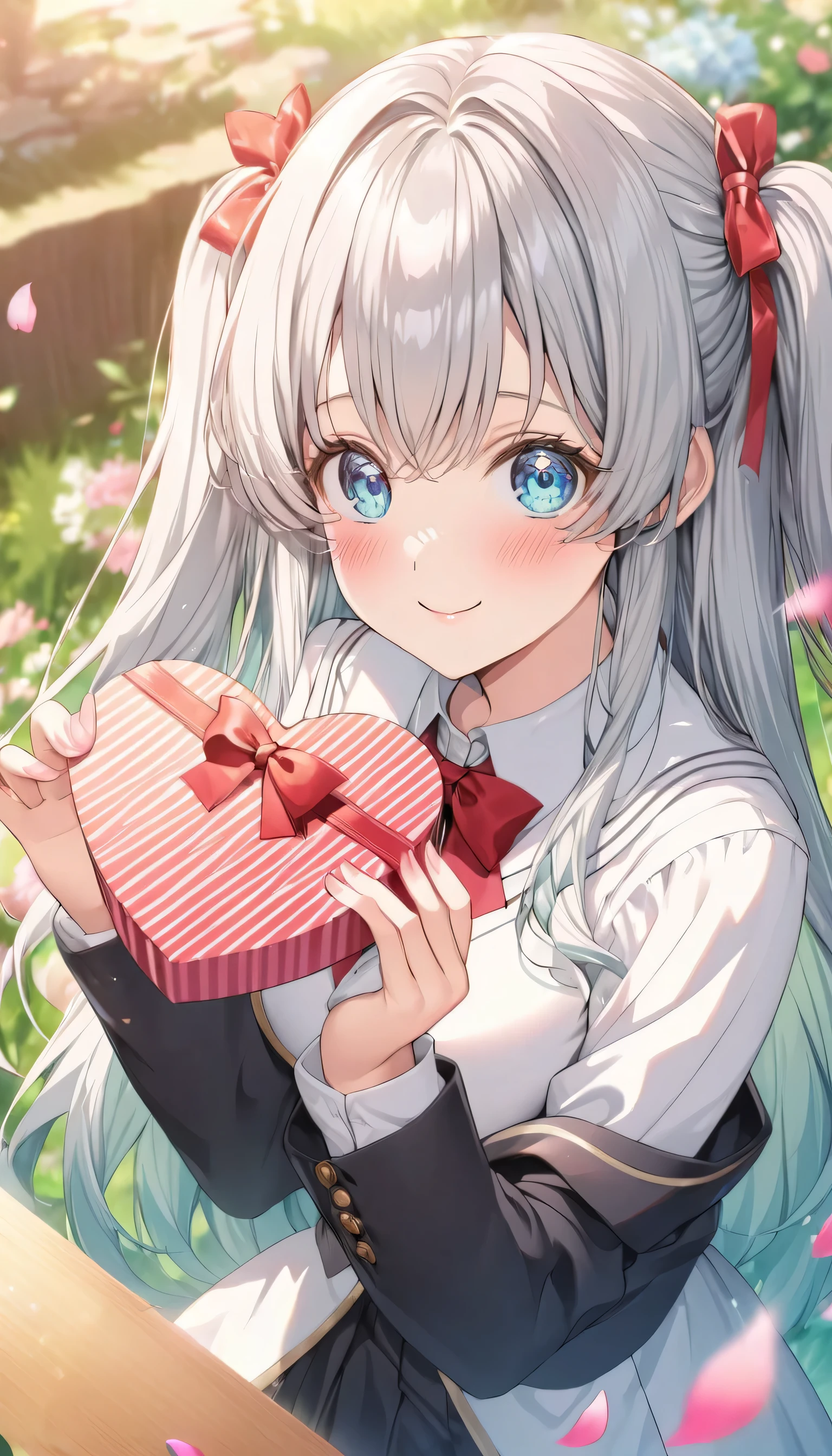 ((ultra-detailed)), (highly detailed CG illustration), (best quality:1.2), ultra-highly detailed, colorful composition, artistic photoshoot, 1girl, solo focus, ((upper body:1.4)), moe anime character, girl, dainty facial structure, (bab(round face), ((rounded chin:1.2)), ((ideal ratio body proportions)), celia-default, celia claire, (blue eyes), sparkle eyes, silver hair color, two side up, ((hair ribbon with red), (deep royal blue and white strips hair ribbon), ample breasts, school uniform, black blazer, modern style with fitted jacket, red neck bow, long sleeves white shirt, black pleated skirt, and black high socks, ((look of anticipation)), ((shy:1.4)), ((blush:1.4)), ((bashful:1.4)), ((excited)), ((full-face blush:1.4)), ample breasts, ((giving Valentine's chocolate)), ((chocolates in a heart box)), petals glowing and fluttering, standing by the victorian garden with flowers, beautiful detailed sky, dynamic pose, looking at viewer, best quality, masterpiece, looking up, expecting, pink cheek, blush, light pink gloss slip, portrait, depth of field, soft lighting, sidelighting, (shine), lighting, caustics, ray tracing, smile, perfect face, lustrous skin, highly detailed face, highly detailed eyes, perfect face, perfect nose, perfect hair, perfect eyes, perfect anatomy, beautiful hair, beautiful small face, extremely detailed face, beautiful detailed eyes, beautiful clavicle, beautiful body, beautiful huge breasts, leavage, breasts squeezed together, equalize the size of the left and right breasts, beautiful fingers, 4 fingers, 1 thumb, lovely, (very detailed background:1.0), (highly detailed background:1.0), spring aesthetic, intricate details, love atmosphere, spring colors palette, chromatic aberration