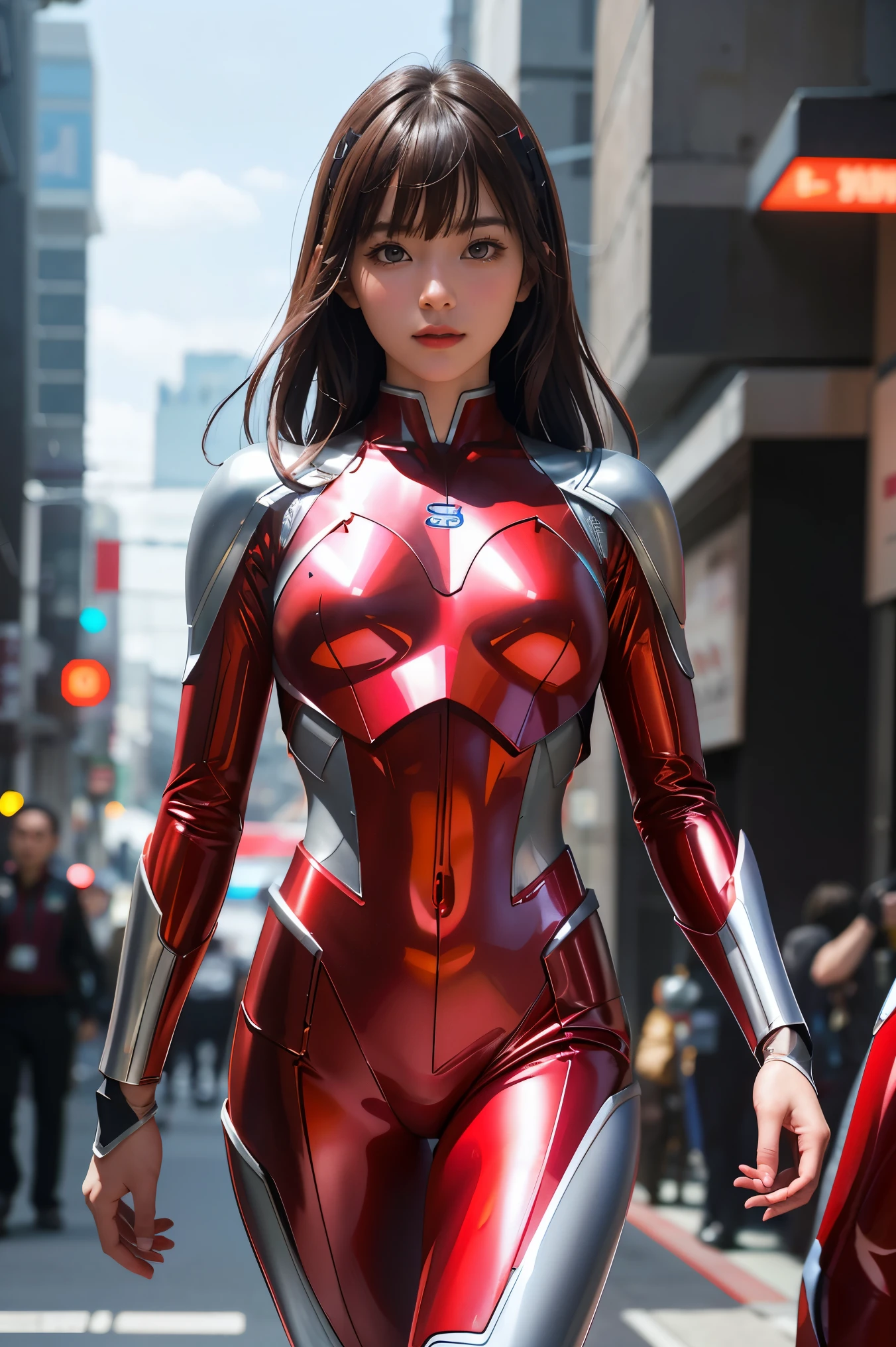 ultraman、realistic、realistic、movie light, Young woman in a shiny red and silver suit、15 years、professional photos、wear'Don't expose your skin., Japanese model, Japanese CGI、ultraman Suit、, Power Rangers set、Tight and thin cyber suit,Has rubber all over.、there's pink there、 delicate body, big breasts、small ass、thin thighs、Thin arms、Thin waist、camel toe、Both sides of the cybersuit cling to the skin.、Big eyes、black short hair、Facing the front、Facing the front立っている、A glowing sphere is embedded in the chest..、essay exam、 blue sky background