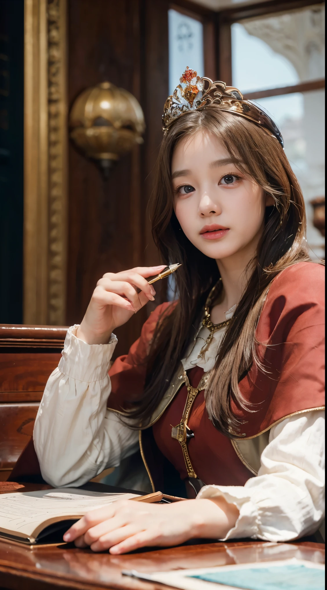 (Masterpiece: 1.2, Best Quality), Realistic, (Realistic Picture, Complex Details, Depth of Field), Best Quality, Masterpiece, Highly Detailed, Semi Realistic, 1 Girl, Mature Female, 21 Years Old, Blond Hair, Shoulder length Short Hair, Left Eye Covered with Hair, Blue Eyes, King's Clothes, Red Cloak, Slim Figure, Crown Made of Precious Gold, Reading Documents, Marking Documents, Goose Hair Pen, Office Table, Soft Bench, Palace, In the palace, during the Middle Ages