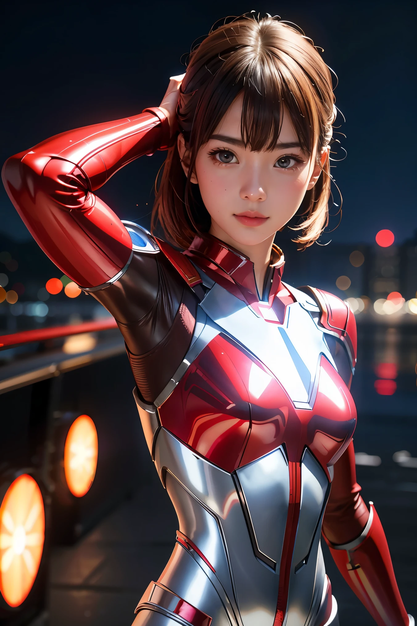 Ultraman、realistic、realistic、cinematic lighting, Girl in a shiny red and silver suit、************、professional photos、Don&#39;Do not expose your skin, japanese model, japanese cgi、Ultraman Suit、, Power Rangers Suit、tight and thin cyber suit,Whole body rubbery、There&#39;s pink There、 delicate body, big breasts、small ass、thin thighs、thin arms、thin waist、camel toe、Both sides of the cyber suit stick to the skin、Big eyes、black short hair、facing the front、facing the front立っている、A glowing sphere is embedded in the chest.、Essay Examination、 blue sky background