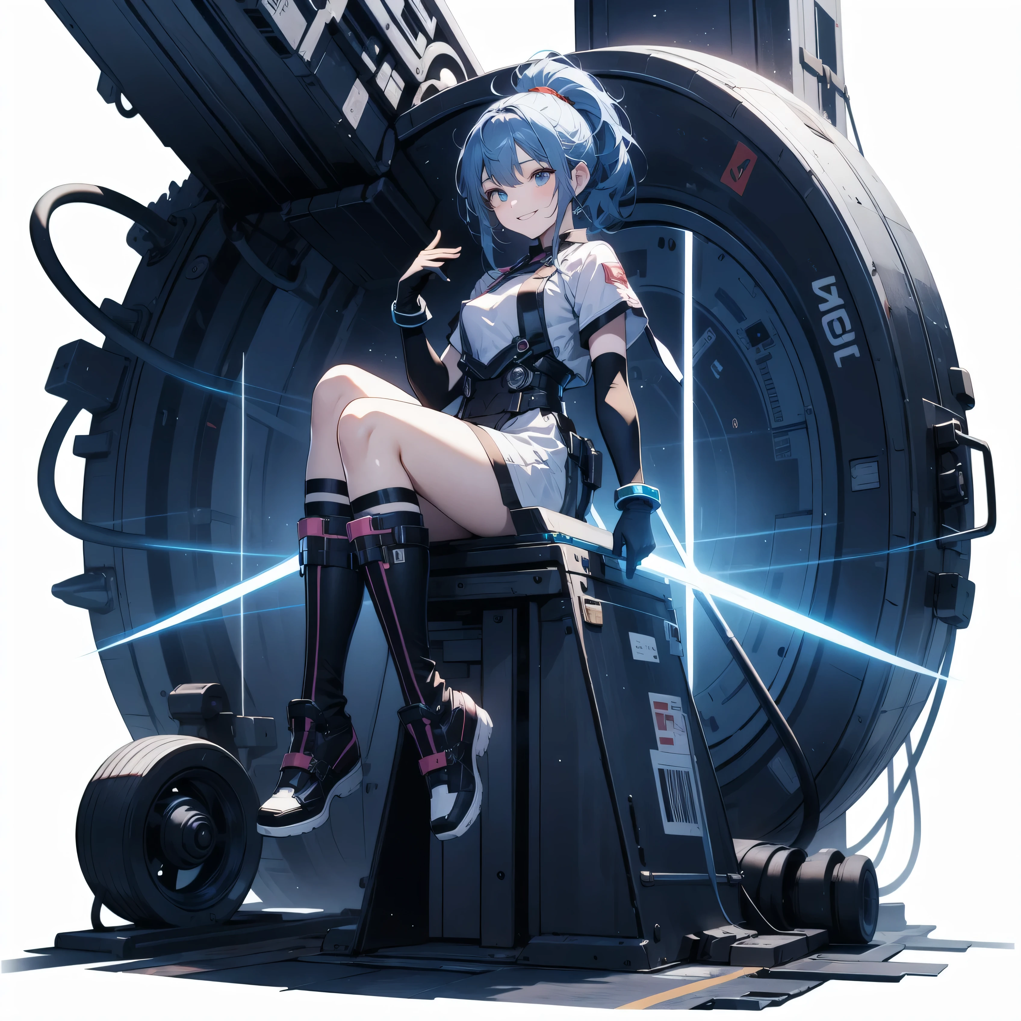 in the seat、 moderate bust、smile、 detailed expressions 、ruanyi0152 、( white background)、 ruanyi0238 、 blue glowing parts 、cable、Complex and precise instruments、Machinery Parts、 high knot ponytail、whole body、 top quality、 Masterpiece、 Hi-Res、 Dynamic Poses、 model stand、 Official Art、 Extremely elaborate CG Unity 8K Wallpaper 、Carrying a large flying unit、 long boots、Exoskeleton、 gloves up to the elbow