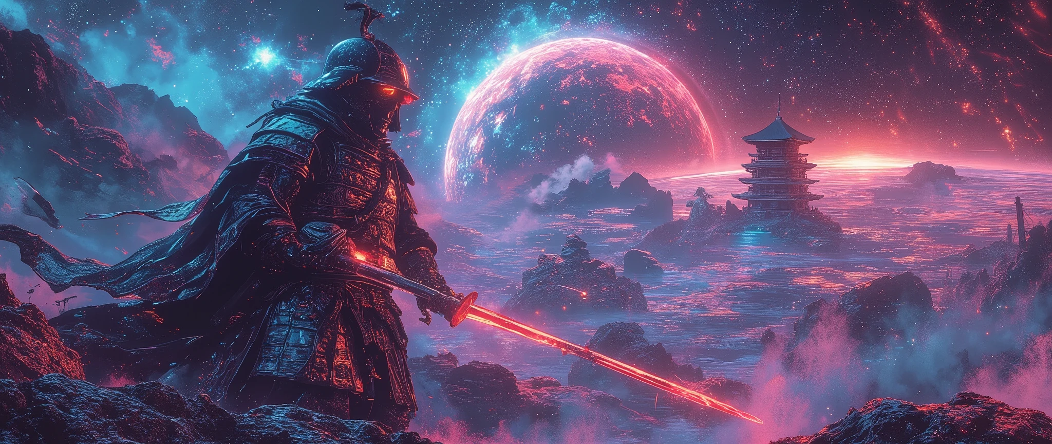 Cybernetic samurai standing on orbital debris, (traditional kabuto helmet fused with neon circuitry:1.3), plasma katana cutting through satellite wreckage, zero-gravity silk obi unraveling into constellation patterns, (nebula-reflecting armor plates with ukiyo-e wave engravings:0.9), orbital sunrise casting rainbow shadows through cracked visor, cybernetic limbs wrapped in decaying calligraphy scrolls, (floating tea ceremony set trailing steam in vacuum:1.2), holographic daishō swords orbiting like quantum particles, biomechanical oni mask drifting in background, space station pagoda with rotating torii gates, Katsushika Hokusai meets Syd Mead style, 8k cinematic lighting with chromatic aberration , Ukiyo-e style by Hokusai --style raw --stylize 820