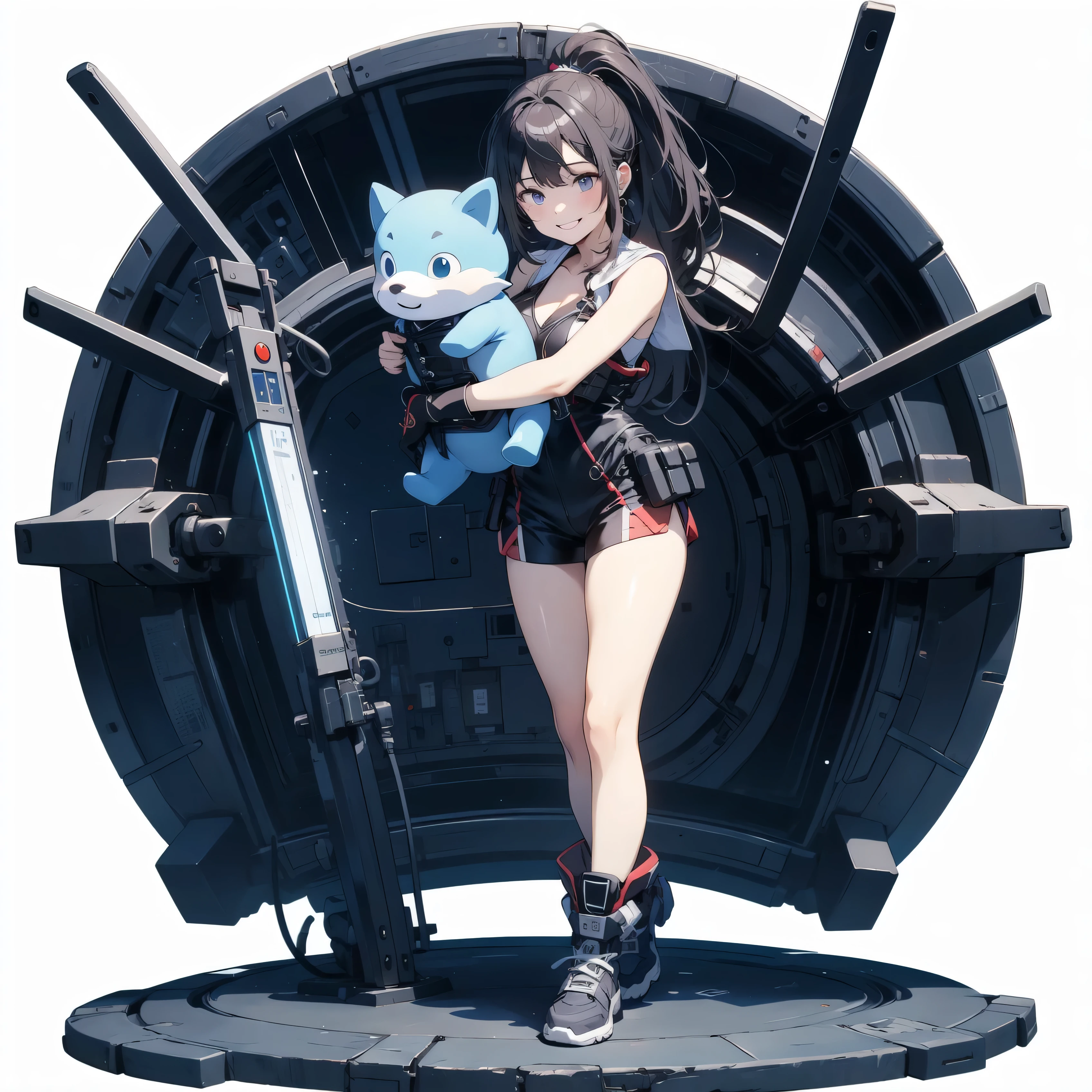 in the seat、 moderate bust、smile、 detailed expressions 、ruanyi0152 、( white background)、 ruanyi0238 、 blue glowing parts 、cable、Complex and precise instruments、Machinery Parts、 high knot ponytail、whole body、 top quality、 Masterpiece、 Hi-Res、 Dynamic Poses、 model stand、 Official Art、 Extremely elaborate CG Unity 8K Wallpaper 、Carrying a large flying unit、 long boots、Exoskeleton、 gloves up to the elbow