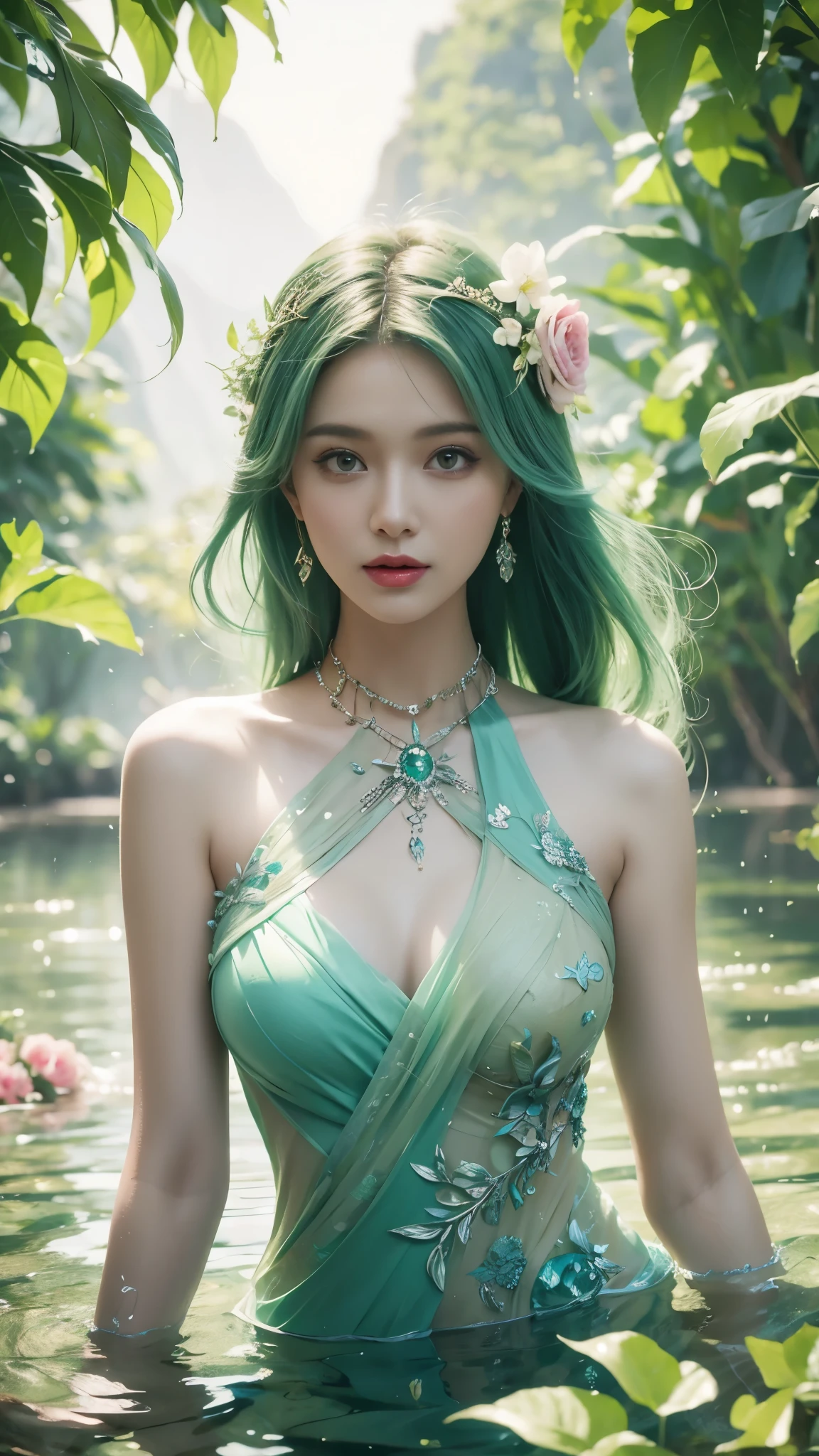 best quality, masterpiece, 1girl, (polka dot dress), (green dress:1.5), white hair, hair ornament, necklace, (jewellery:1.8), Beautiful face, blue eyes, big breasts, tyndall effect, photorealistic, rim lighting, two tone lighting, (high detailed skin:1.2), dslr, (spreading light:1.5) soft lighting, high quality, volumetric lighting, candid, in the garden, Photograph, high resolution, 4k, 8k, Bokeh,