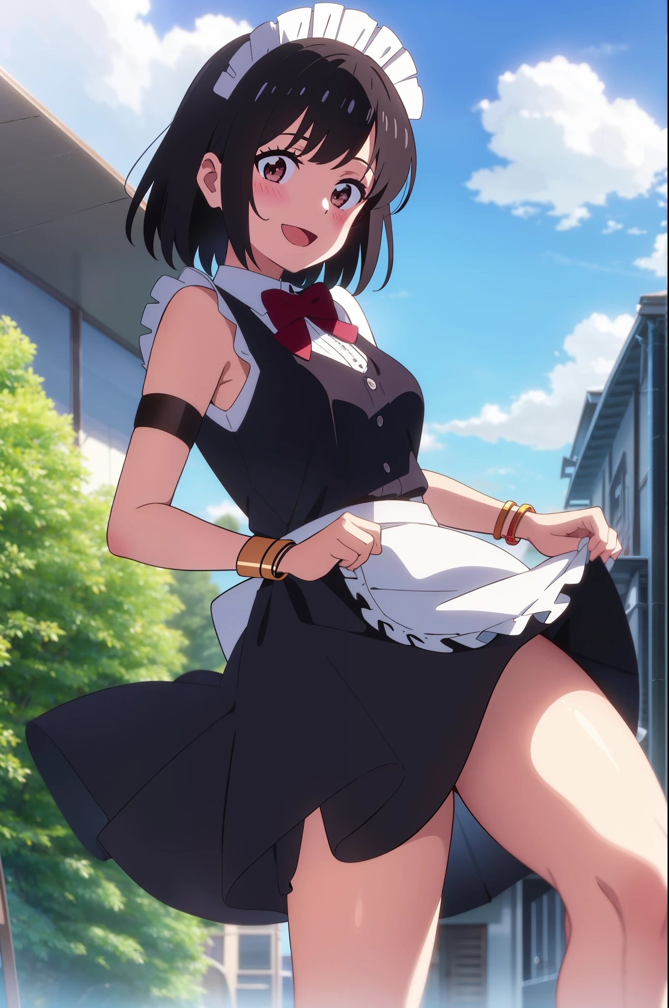 [anime styled]],[[digitalart]],1girl,solo,(portrait),Tomomi_saikyou,black hair,Short hair,bob cut,hair ribbon,midium build,1girl in,short torso,anime screen cap,cel shading,smile, blush,(strong light)、((brighten the subject)),classroom,standing,uniform,short sleeves,((upskirt)),((skirt lift)),(white panties)