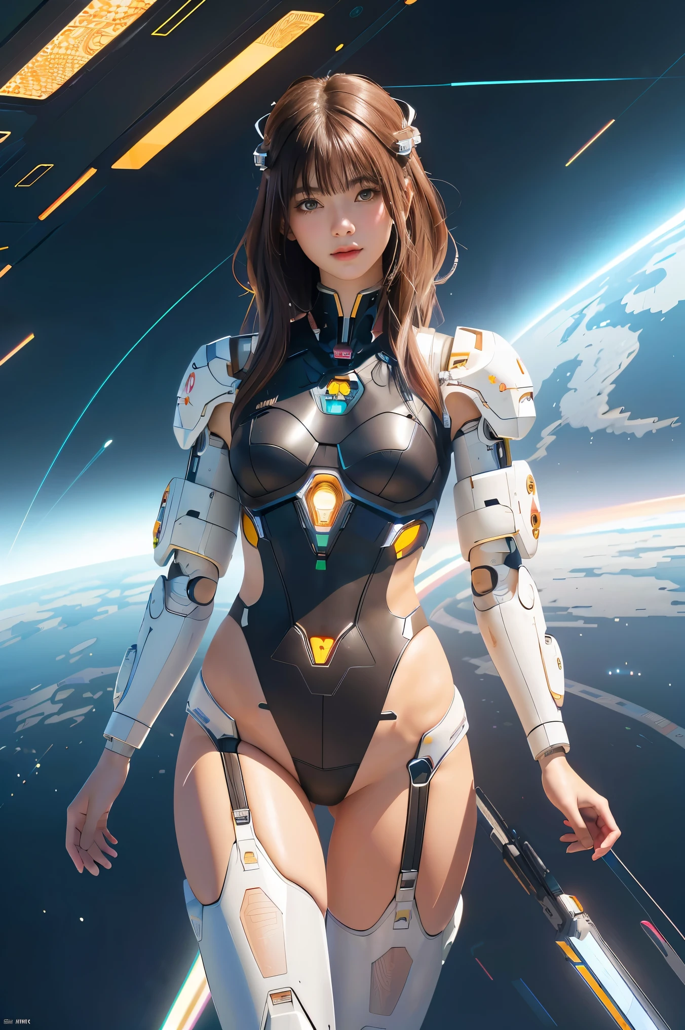 (masterpiece, top quality, best quality, official art, beautiful and aesthetic:1.2), (1girl), (fractal art:1.2),absurdres, highres, ultra detailed, Ultra-precise depiction, solo, (zentangle:1.2), floating hair, shiny skin, (abstract:1.2), pantyhose,looking at viewer, cyberpunk robot, complex robot, halo,