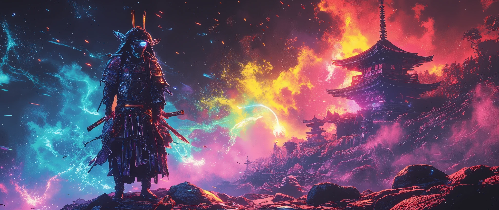 Cybernetic samurai standing on orbital debris, (traditional kabuto helmet fused with neon circuitry:1.3), plasma katana cutting through satellite wreckage, zero-gravity silk obi unraveling into constellation patterns, (nebula-reflecting armor plates with ukiyo-e wave engravings:0.9), orbital sunrise casting rainbow shadows through cracked visor, cybernetic limbs wrapped in decaying calligraphy scrolls, (floating tea ceremony set trailing steam in vacuum:1.2), holographic daishō swords orbiting like quantum particles, biomechanical oni mask drifting in background, space station pagoda with rotating torii gates, Katsushika Hokusai meets Syd Mead style, 8k cinematic lighting with chromatic aberration , Ukiyo-e style by Hokusai --style raw --stylize 820