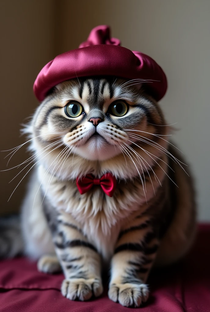 A cute cat with big eyes and a round face, smiling slightly. The cat is sitting in a playful pose, with one paw reaching out as if to play. The cat is wearing a small, colorful hat and has a tiny bow tie. The background is a pastel color with subtle, playful patterns like small fish or yarn balls. The overall design is vibrant and appealing, perfect for a T-shirt.