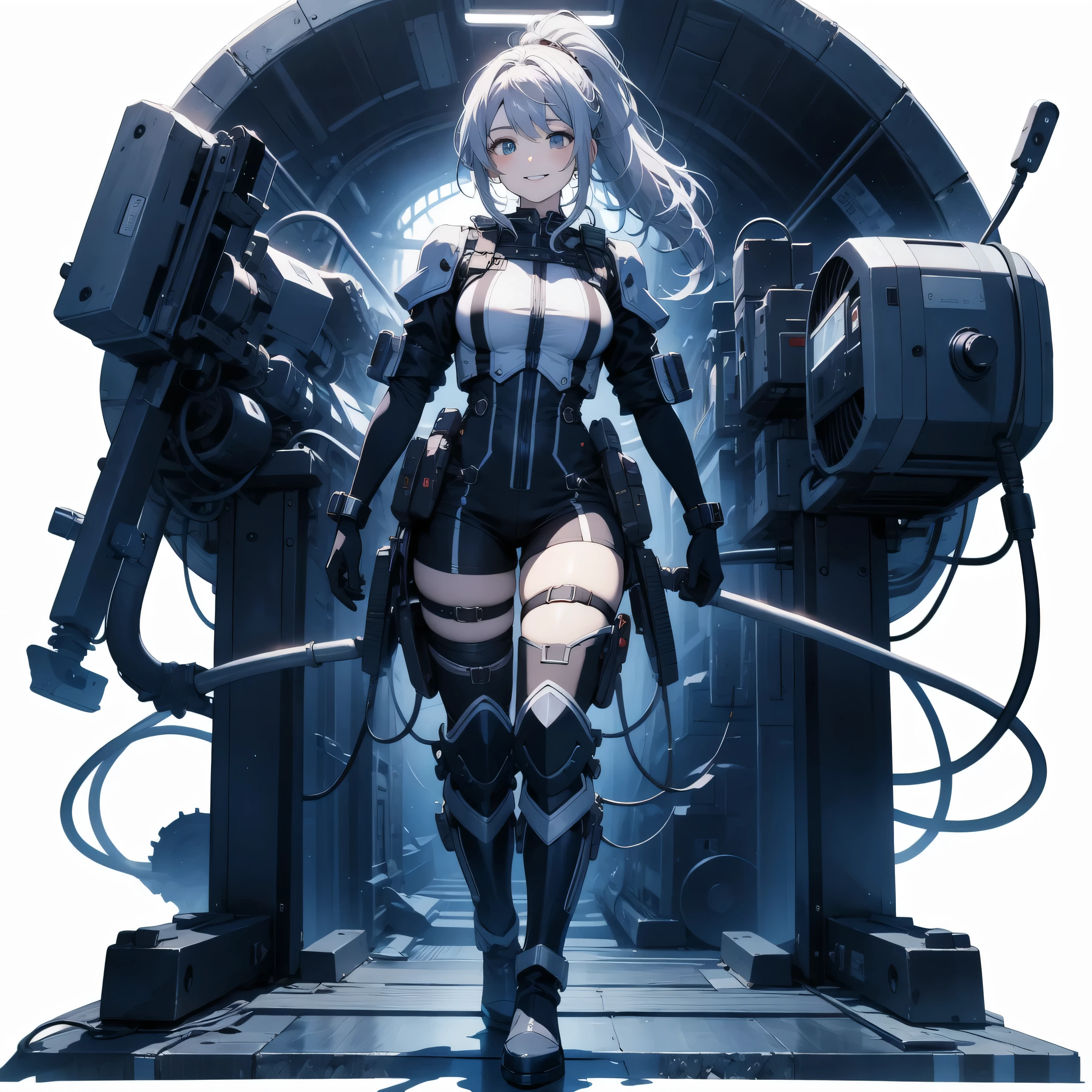  in the seat、 moderate bust、smile、 detailed expressions 、ruanyi0152 、( white background)、 ruanyi0238 、 blue glowing parts 、cable、Complex and precise instruments、Machinery Parts、 high knot ponytail、whole body、 top quality、 Masterpiece、 Hi-Res、 Dynamic Poses、 model stand、 Official Art、  Extremely elaborate CG Unity 8K Wallpaper 、Carrying a large flying unit、 long boots、Exoskeleton、 gloves up to the elbow 