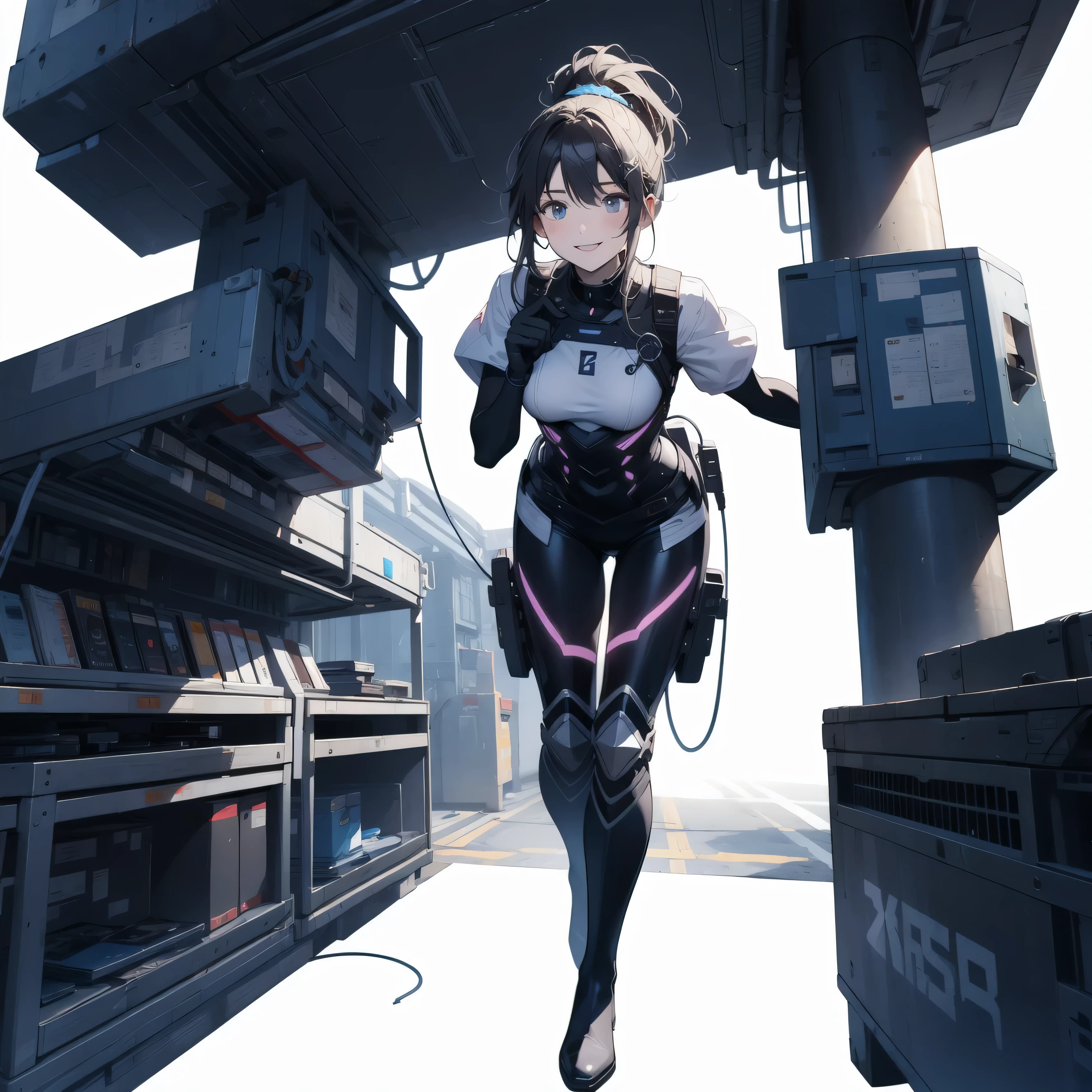  in the seat、 moderate bust、smile、 detailed expressions 、ruanyi0152 、( white background)、 ruanyi0238 、 blue glowing parts 、cable、Complex and precise instruments、Machinery Parts、 high knot ponytail、whole body、 top quality、 Masterpiece、 Hi-Res、 Dynamic Poses、 model stand、 Official Art、  Extremely elaborate CG Unity 8K Wallpaper 、Carrying a large flying unit、 long boots、Exoskeleton、 gloves up to the elbow 