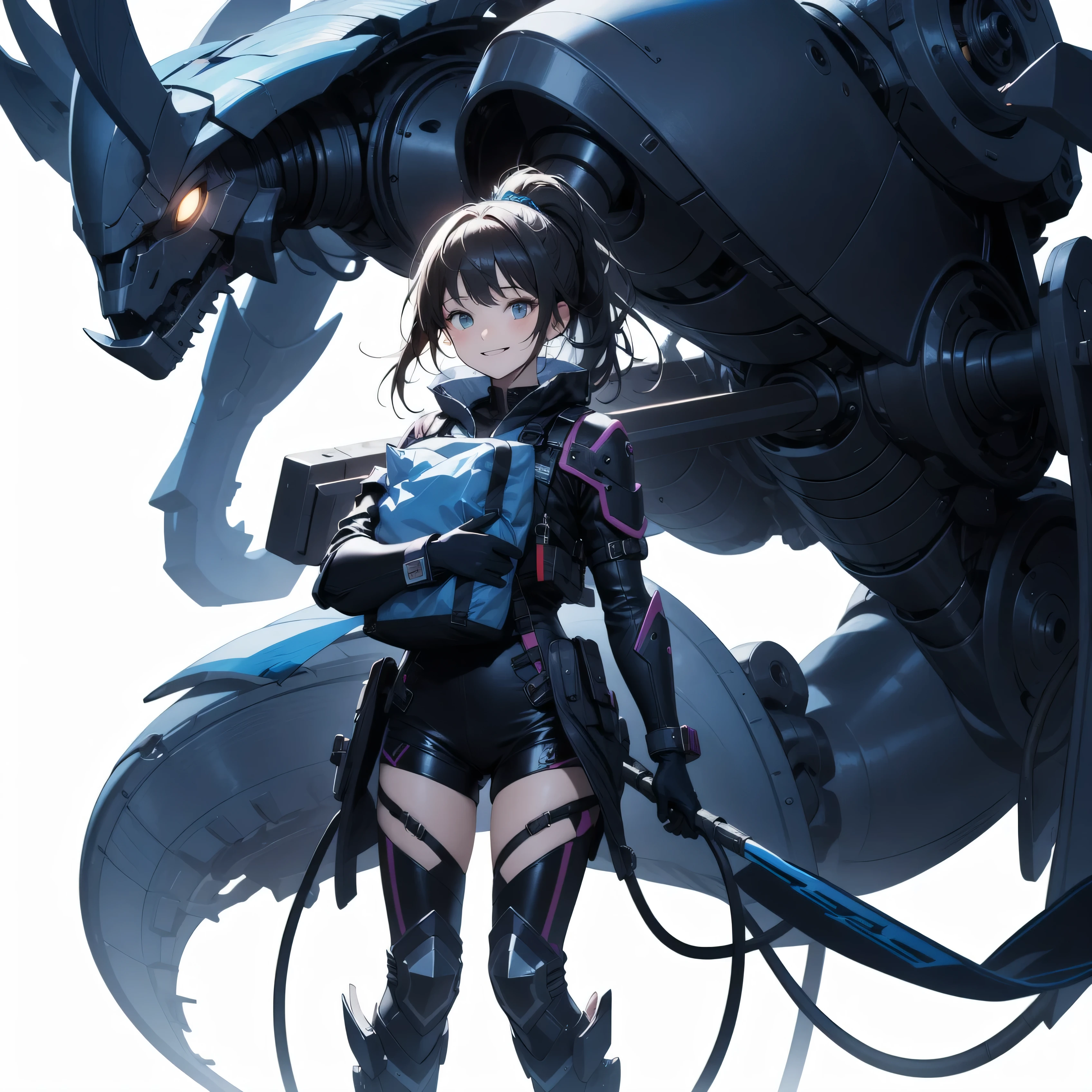 in the seat、 moderate bust、smile、 detailed expressions 、ruanyi0152 、( white background)、 ruanyi0238 、 blue glowing parts 、cable、Complex and precise instruments、Machinery Parts、 high knot ponytail、whole body、 top quality、 Masterpiece、 Hi-Res、 Dynamic Poses、 model stand、 Official Art、 Extremely elaborate CG Unity 8K Wallpaper 、Carrying a large flying unit、 long boots、Exoskeleton、 gloves up to the elbow