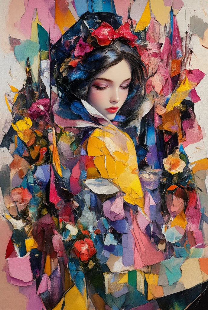 ultra detailed, absolutely resolution, masterpiece.
Cubist style painting, snow white.
fusion of pop art and psychedelic art, fusion of watercolor, acrylic and collage, conceptual installation art