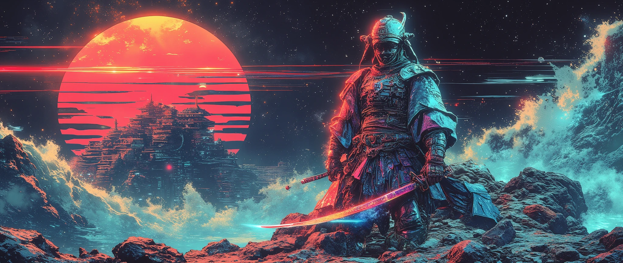Cybernetic samurai standing on orbital debris, (traditional kabuto helmet fused with neon circuitry:1.3), plasma katana cutting through satellite wreckage, zero-gravity silk obi unraveling into constellation patterns, (nebula-reflecting armor plates with ukiyo-e wave engravings:0.9), orbital sunrise casting rainbow shadows through cracked visor, cybernetic limbs wrapped in decaying calligraphy scrolls, (floating tea ceremony set trailing steam in vacuum:1.2), holographic daishō swords orbiting like quantum particles, biomechanical oni mask drifting in background, space station pagoda with rotating torii gates, Katsushika Hokusai meets Syd Mead style, 8k cinematic lighting with chromatic aberration , Ukiyo-e style by Hokusai --style raw --stylize 820